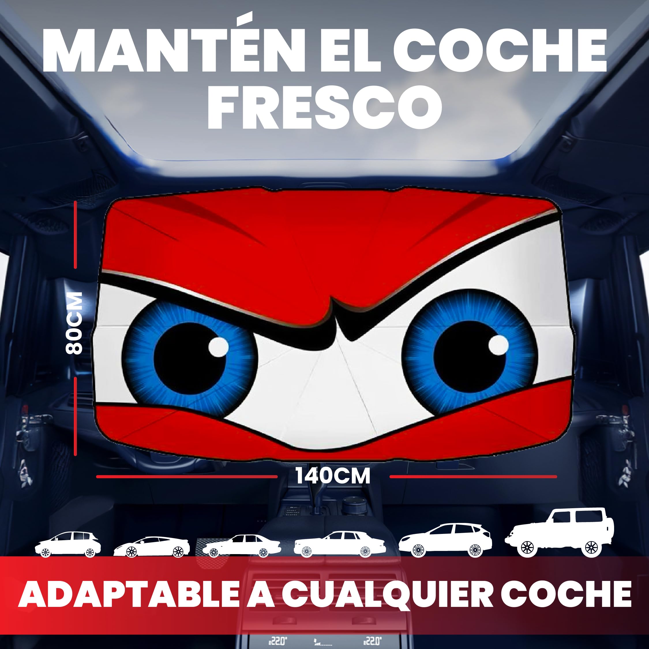 Parasol Coche Delantero 140 cm x 80 cm, Protector Solar de SUV y Camión, Parasol Paraguas Coche de Poliéster, Plegable con Eje Giratorio 360º y Revestimiento de Titanio, Resiste a los Rayos UV