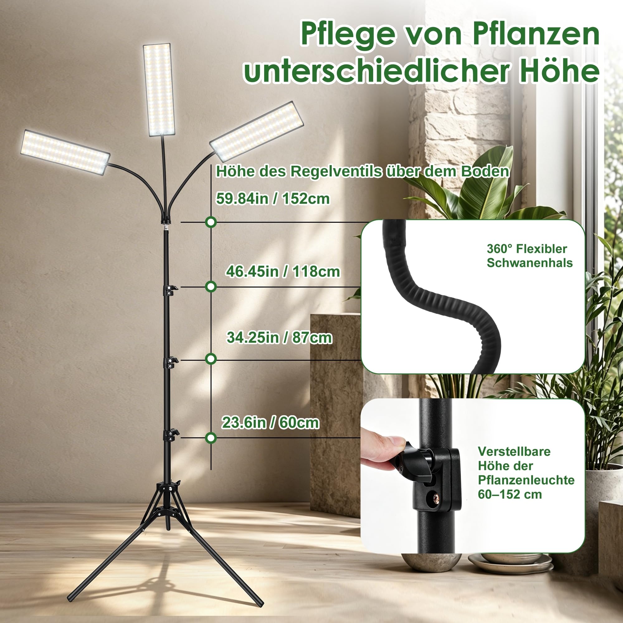 Lampada per Piante da Interno, 30 W 360 LED Grow Light a Spettro Completo, dimmerabile timer ciclo 3/9/12 ore, regolabile in altezza 80-170 cm