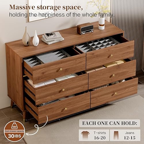 Miniatura 3 de Cómoda de 6 cajones, cómoda de mediados de siglo de 47 pulgadas de ancho, cómoda de madera para dormitorio con 6 cajones de almacenamiento para