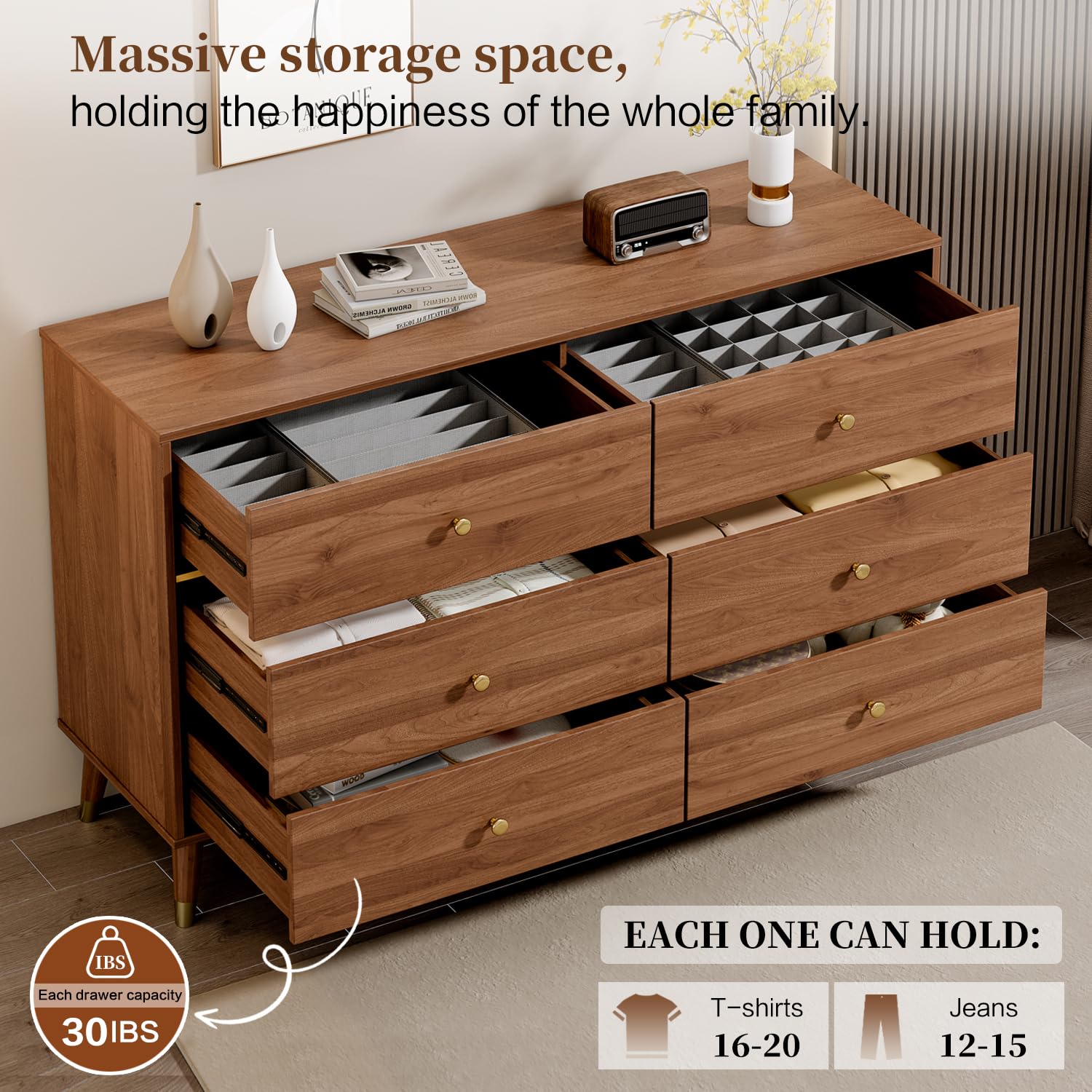 Cómoda de 6 cajones, cómoda de mediados de siglo de 47 pulgadas de ancho, cómoda de madera para dormitorio con 6 cajones de almacenamiento para dormitorio, sala de estar, con dispositivo 2