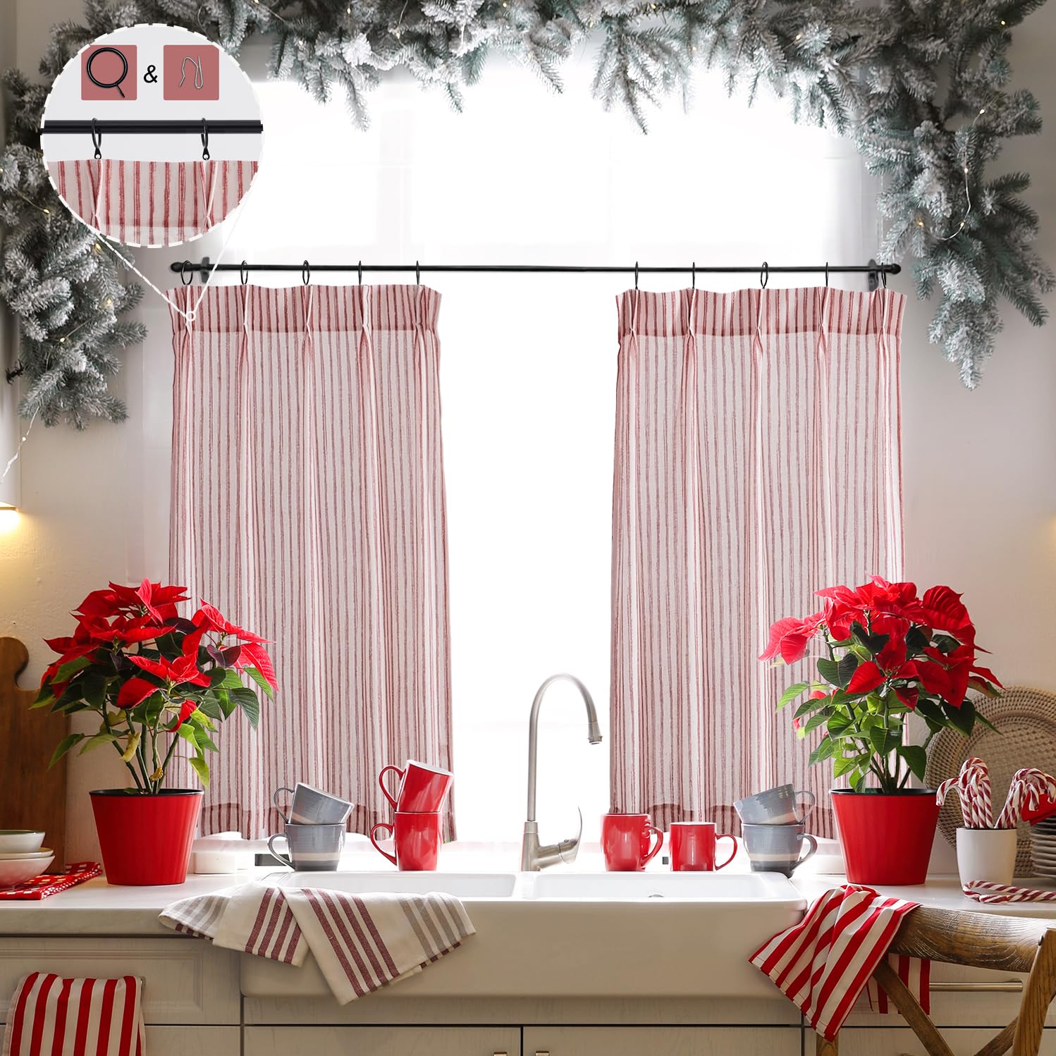 LIMON HOME 101.6 cm (40") long Boho curtains with pinch pleats, striped, red