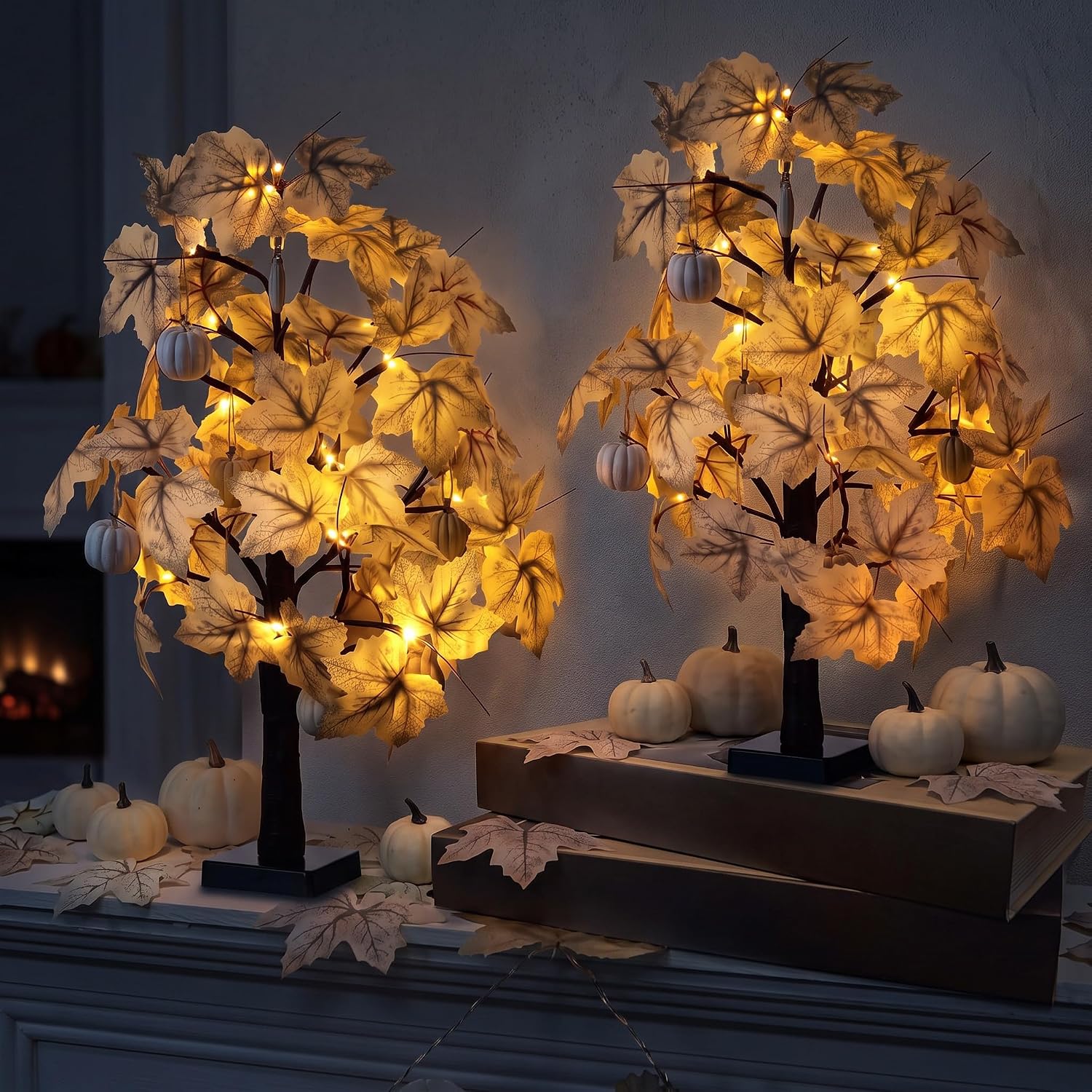 Gerrii 2 Pack White Fall Lighted Maple Leaves Tree, 24 Inch