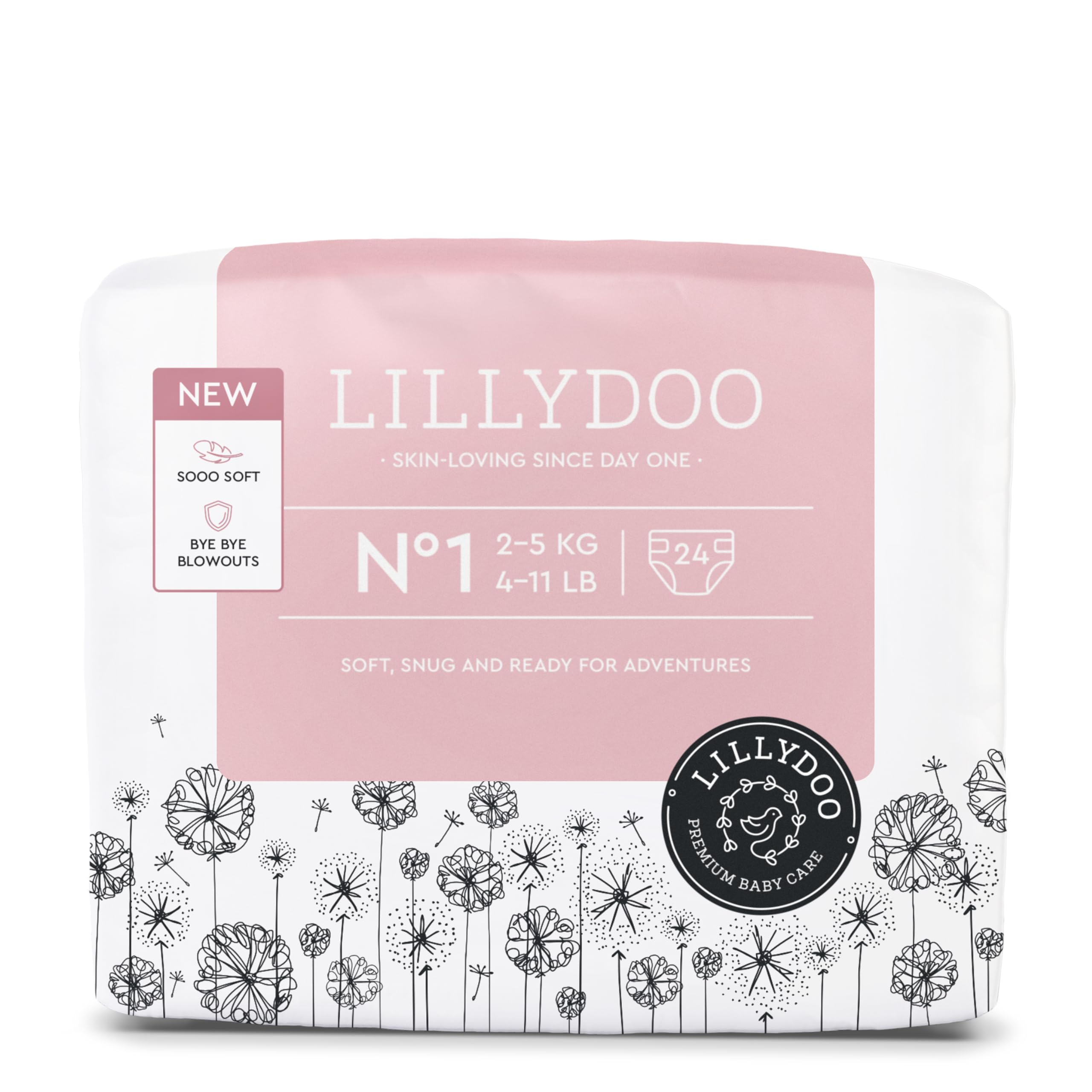 LILLYDOO Przyjazne dla skóry pieluchy dla niemowląt – rozmiar 1 (2-5 kg), 24 sztuki, bezpieczna ochrona przed wyciekiem, miękkie, bez perfum, bez balsamów i barwników, do skóry wrażliwej, testowane