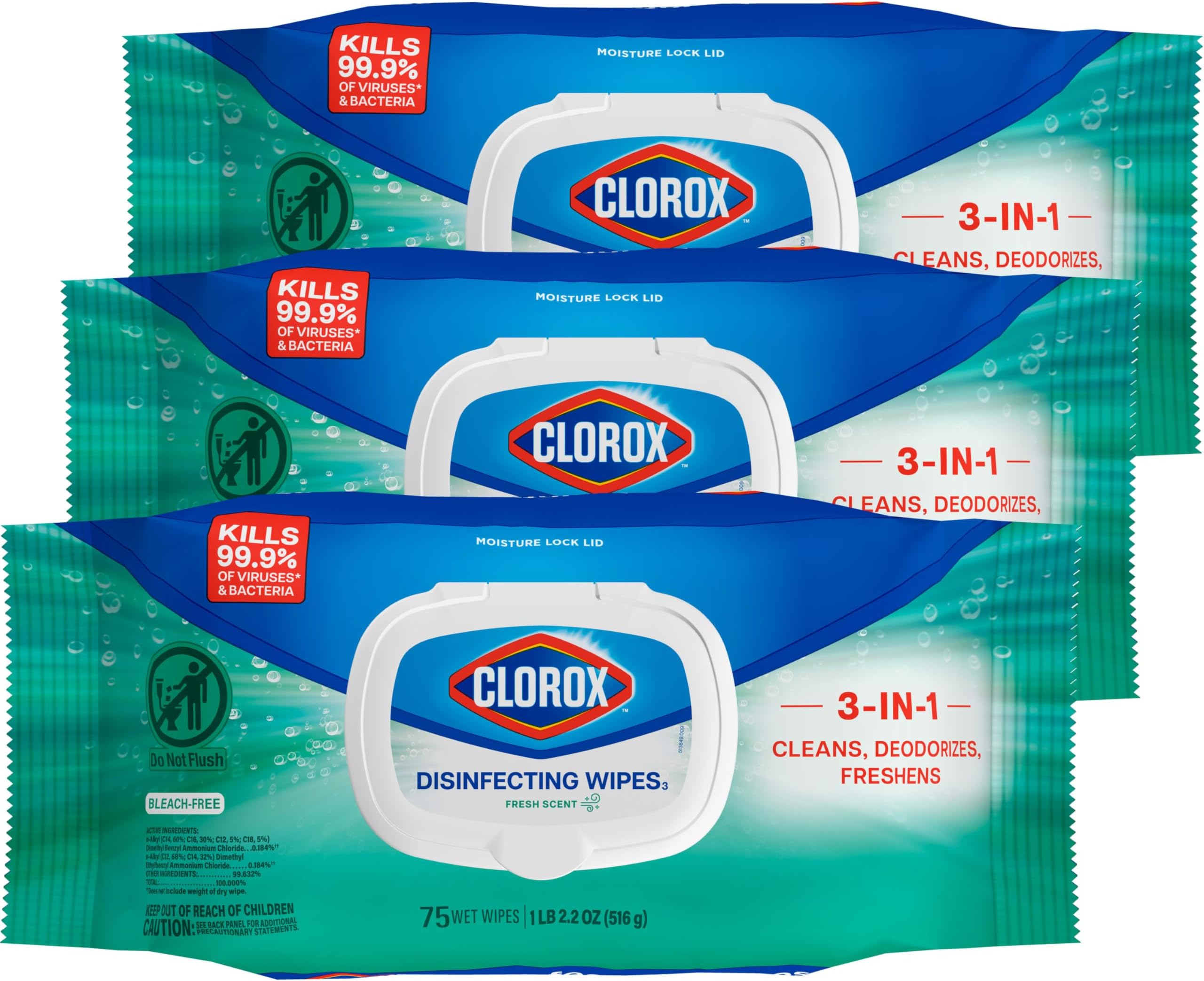 Clorox Disinfecting Bleach Free Cleaning Wipes, 75 Wipes, Pack of 3 (Packaging May Vary)