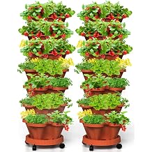 7 Tiered Strawberry Vertical Planter 2 Pack, Stackable Tower Garden Planter Herb Garden Planter with Movable Casters and Bottom Saucer Indoor and Outdoor - Terra Cotta