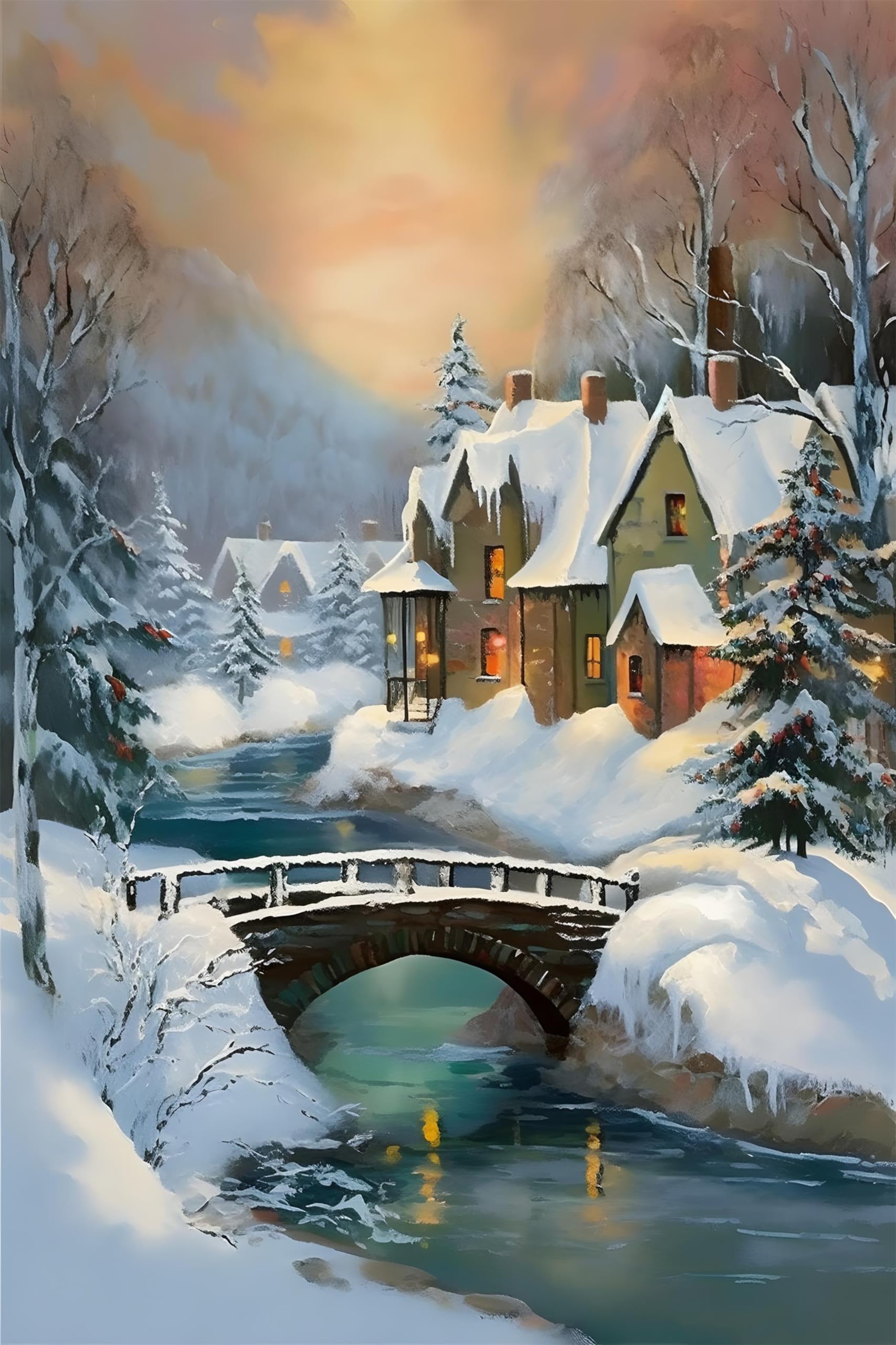 ハウス Amazon.com: Winter Snow Scene with Village and a Bridge Diamond