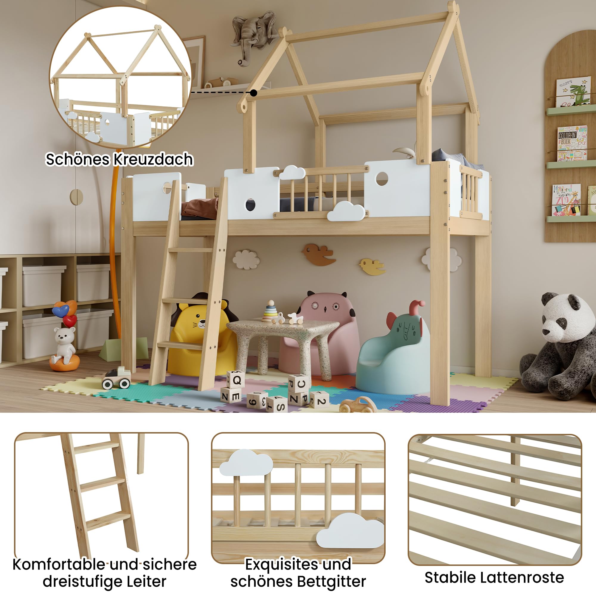 Sapgaks Lit Mezzanine Enfant,Toit au Design Unique, avec échelle inclinée à Trois marches,lit Enfant 90x200cm avec Protection antichute et barrières, Cadre en pin,lit cabane Enfants,(Blanc+Naturel-1)