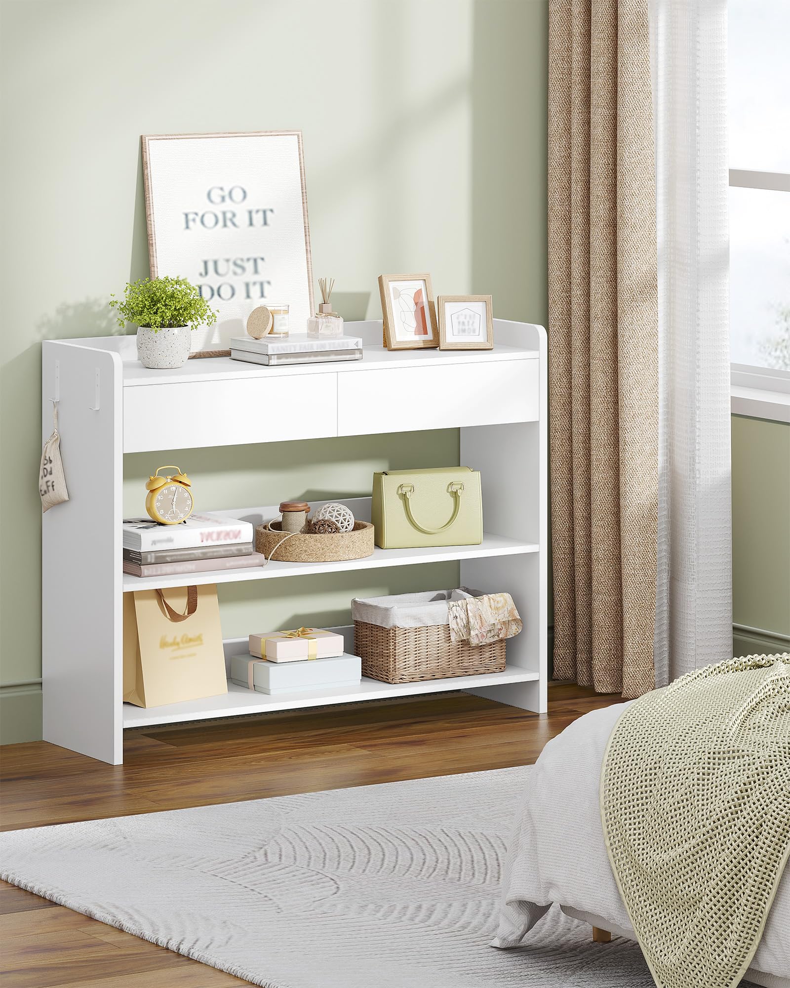 Hzuaneri Tavolo da Console con Ripiani e Cassetti, Mobile Ausiliario in Legno, Due ganci su ogni lato, per Soggiorno, Ingresso, Corridoio, 100×30×80 cm, Bianco CT01603X