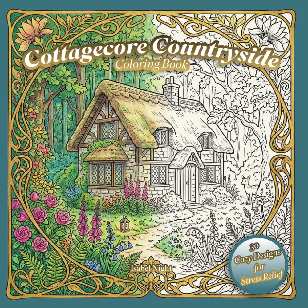 Cottagecore Countryside Coloring Book: 30 Cozy Designs for Stress Relief and Relaxation, Country Scenes for Adults and Teens