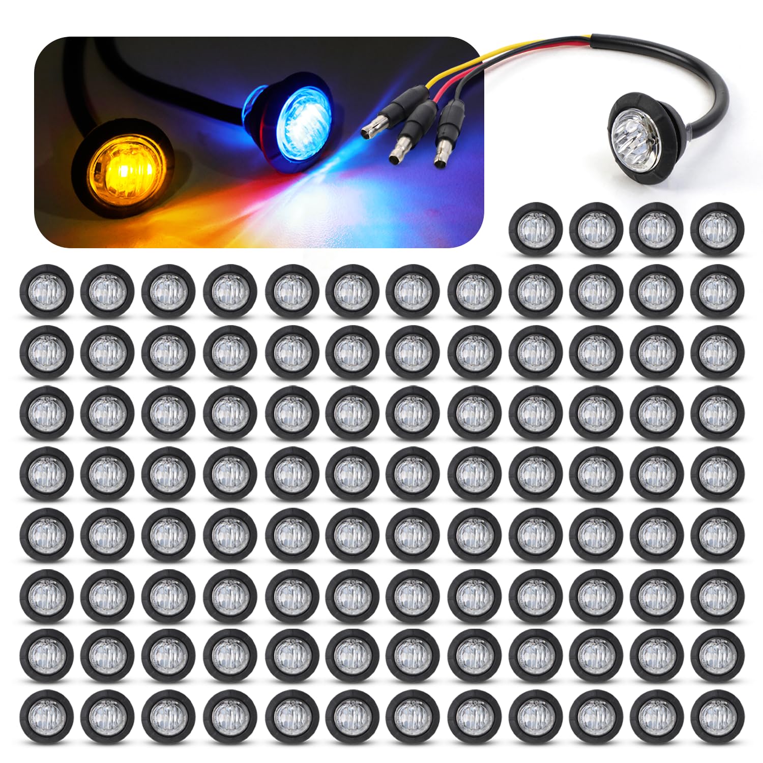 MADCATZ 100 Pcs Multi-Color 3/4 Inch Mini Round 2 LED Amber to Blue Side Marker Indicator Clearance Light Dual Colors 12V DC, 3 Wire, for Truck
