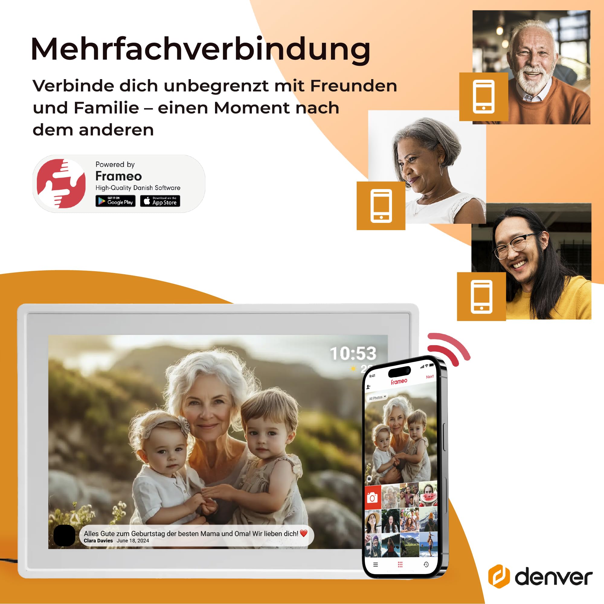 Denver Digitaler Bilderrahmen Weiß 10,1 Zoll mit WLAN – Frameo Digital Photo Frame mit Touchscreen & 16 GB – Elektrischer Bilderrahmen mit App-Steuerung - USB & microSD | Bilder per Handy, SD-Karte