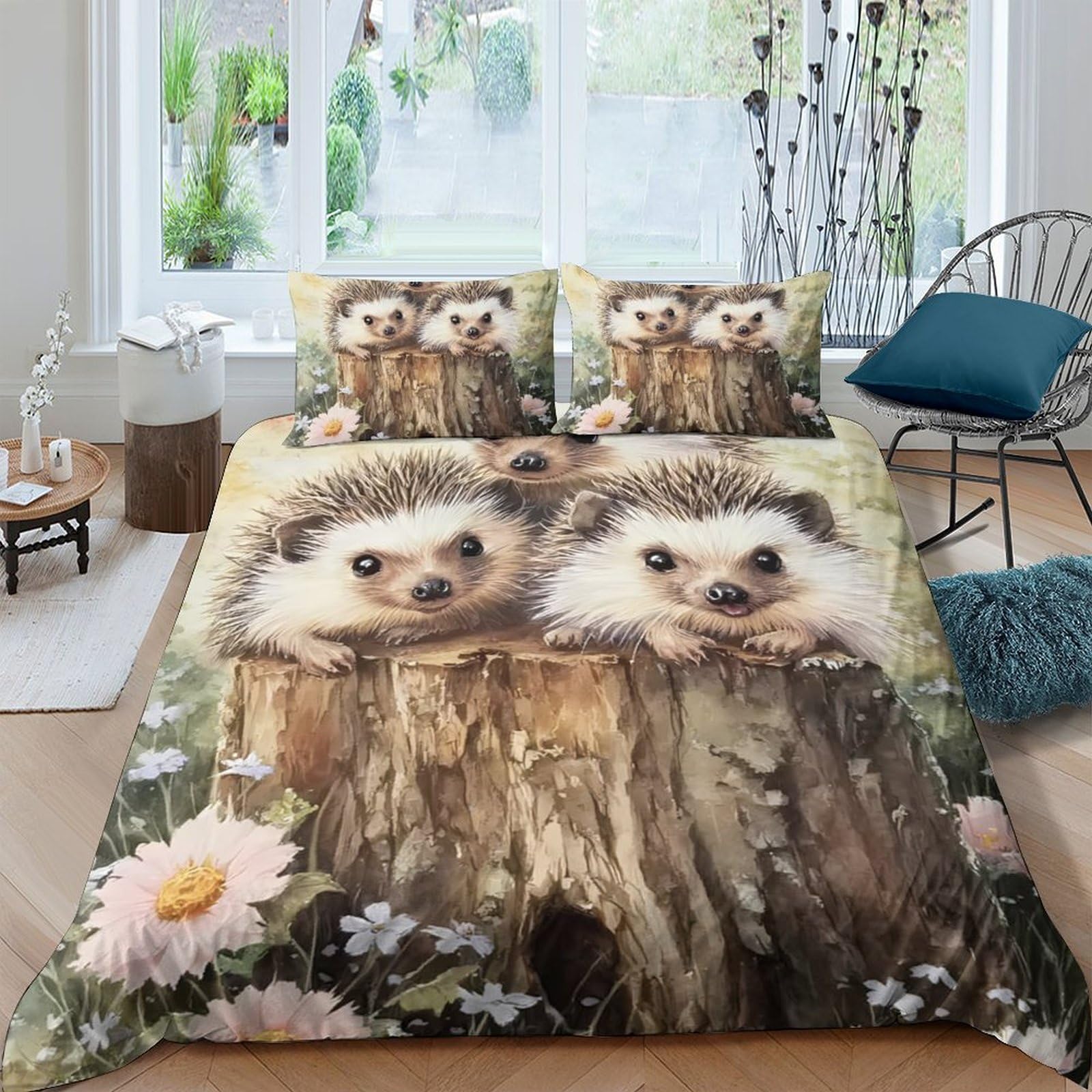 Ctjqhvkz Style-5 3D Printed Cute Hedgehog Fitted Sheet Microfiber Soft Anti-Slip Forest Tree Stump Bed Cover For Bedroom Guest Room Decor Single（135X200cm）