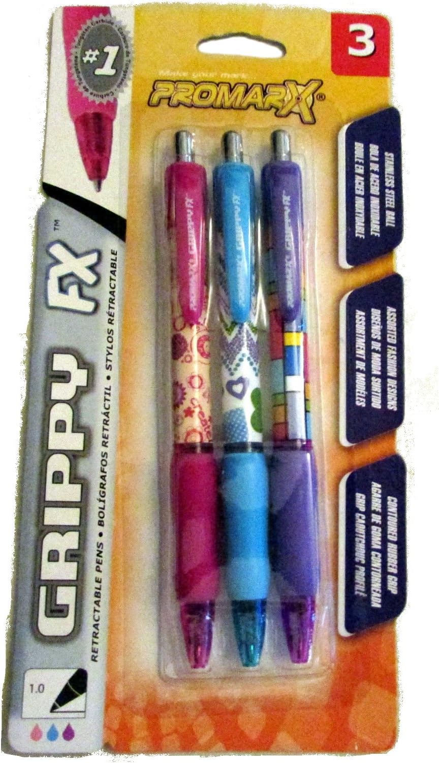 Promarx Grippy FX Ballpoint Retractable Pens With Fashion Wraps, 1.0 mm, 3 Count