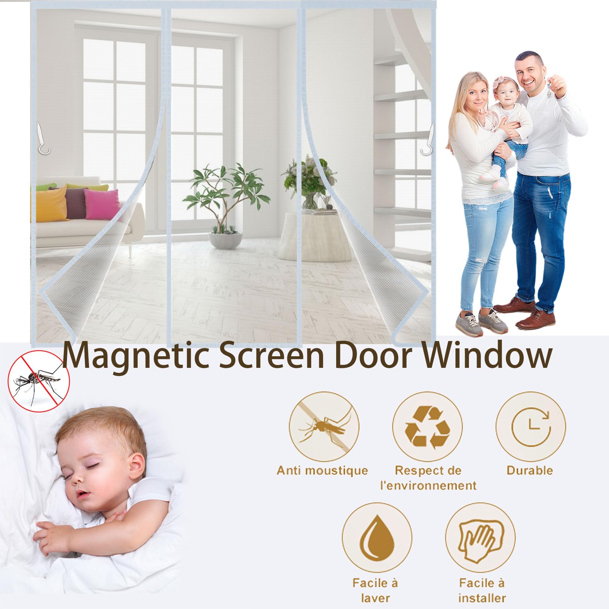 Mosquitera Cortina Puerta Magnetica 270x200cm Imantada Exterior Corredera, Antimosquitos con Imanes, Tela Mosquiteras de Ventanas para Puertas del Balcón, Magnético Automático Gris