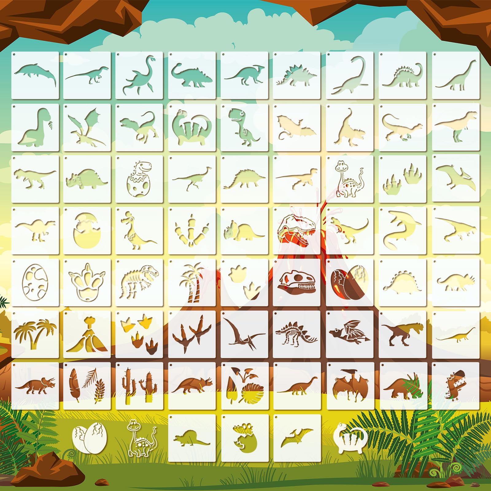 Plantilla de 60 piezas para pintar plantillas reutilizables, plantillas de pared, plantillas de pintura para pintar en paredes de madera, decoración del hogar (dinosaurio)