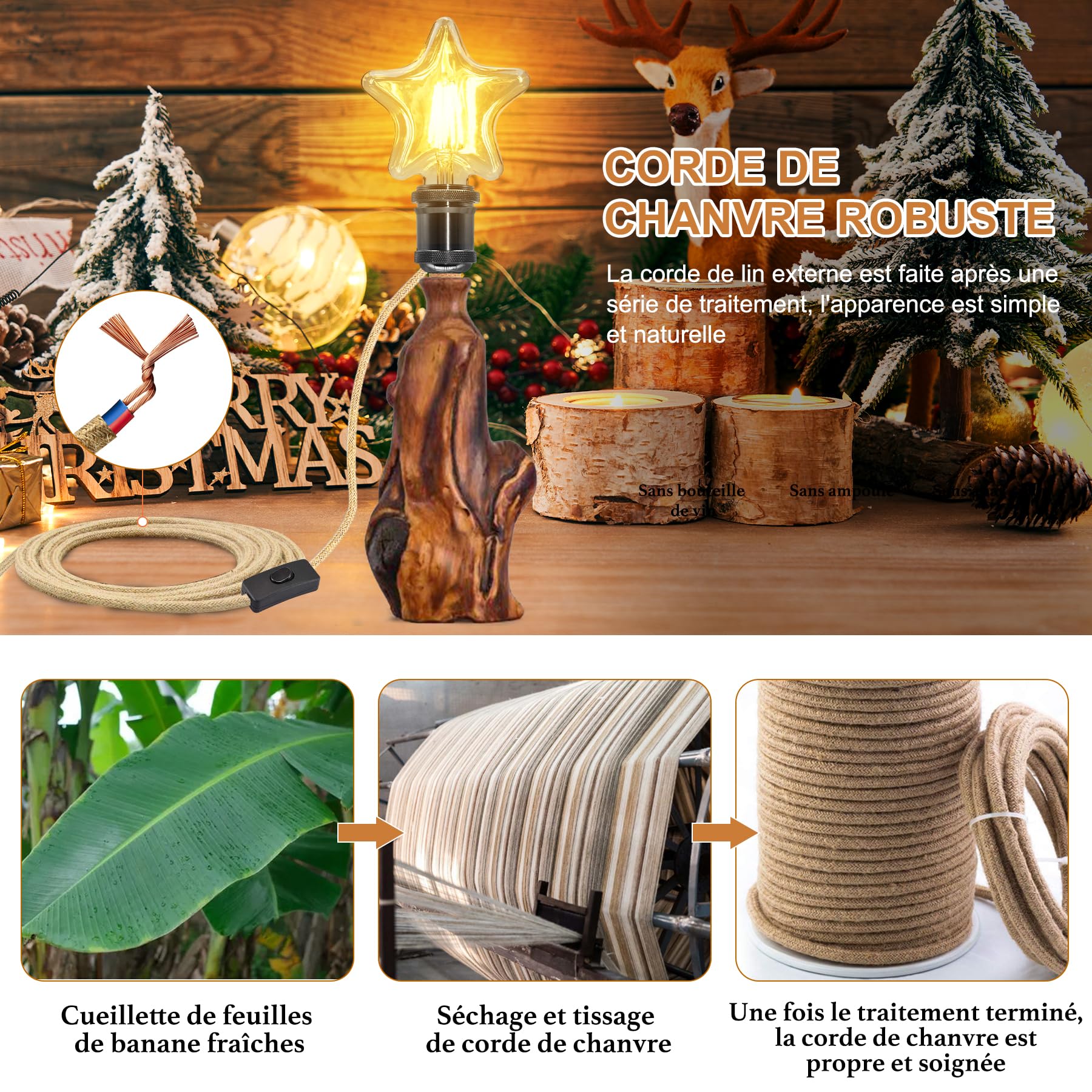 Adaptateur Bouteille pour Douille de Lampe, 240CM Corde de Chanvre Câble, Céramique Douille E27, Support Lampe Bouteille, 3 Bouchons Souples, Kit Lampe Bouteille pour Différent Abat Jour, Noir