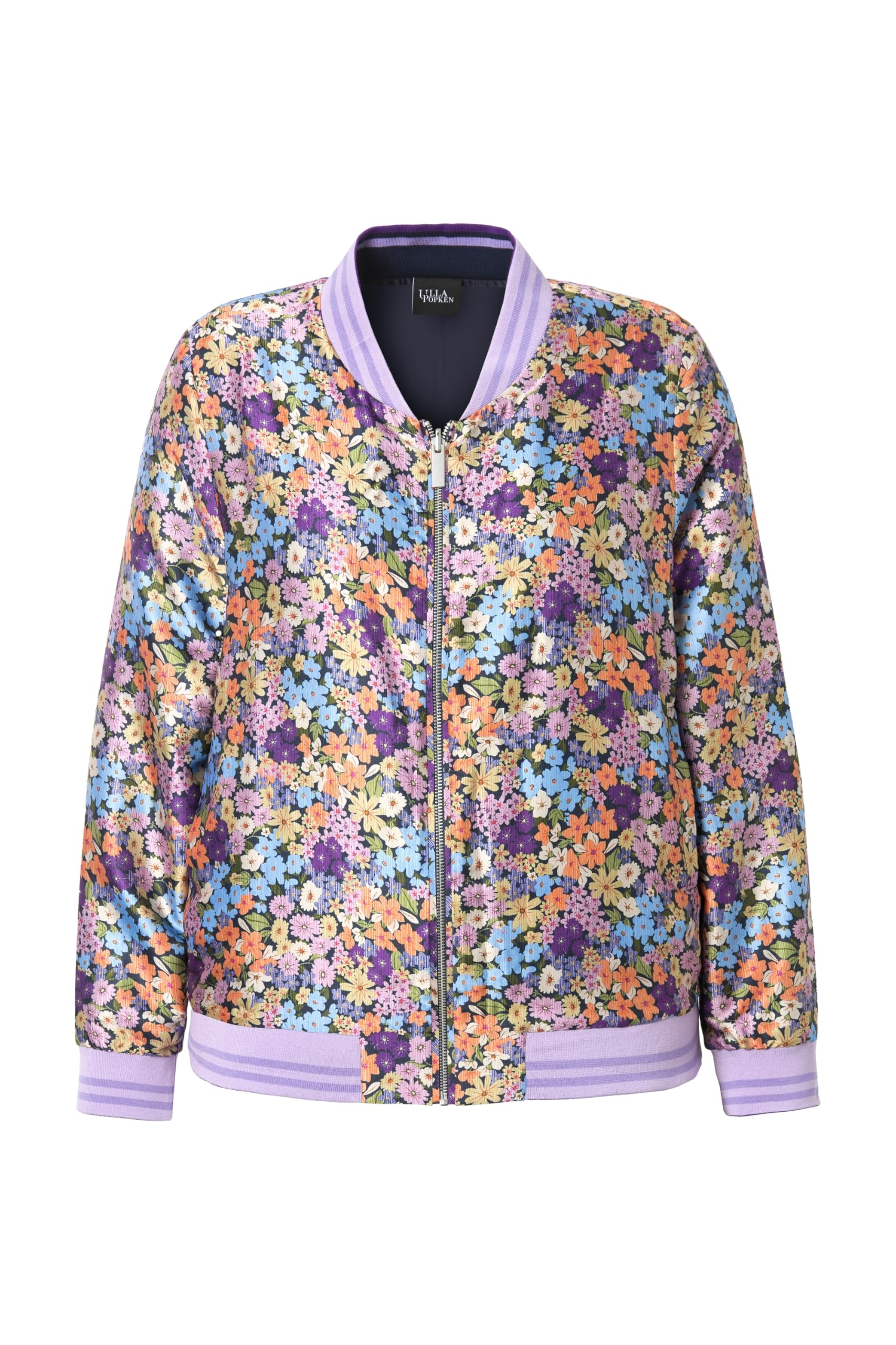 Ulla Popken Bomber Reversibile, Tinta Unita/Fiori, Colletto College, Bordi a Costine 835006