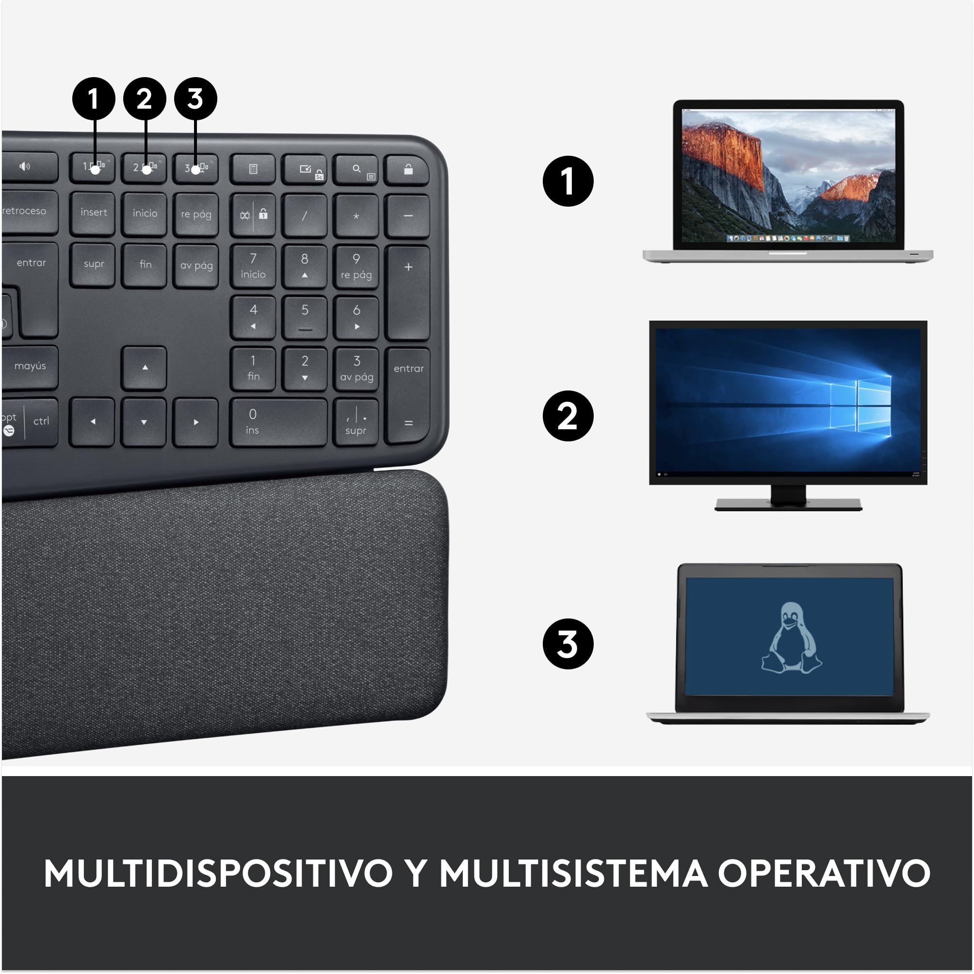 Logitech Ergo K860 Teclado inalámbrico y ergonómico - Teclado Partido, reposamanos, Escritura Natural, conectividad Bluetooth y USB, Compatible con Windows/Mac, Disposición QWERTY Español - Grafito