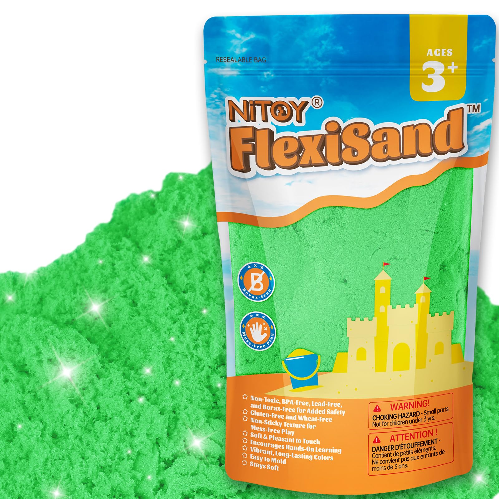 FlexiSand Sable de jeu, 1 kg, ne sèche jamais - Pour enfants de 3 ans et plus - Recharge en vrac pour jouets sensoriels - Idéal pour façonner, presser et mouler - Vert