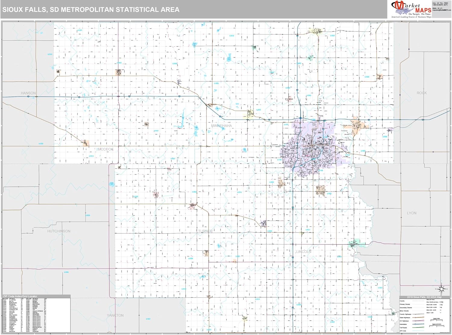 MarketMAPS Sioux Falls, SD Metro Area Wall Map 2018 ZIP Codes Laminated 64W