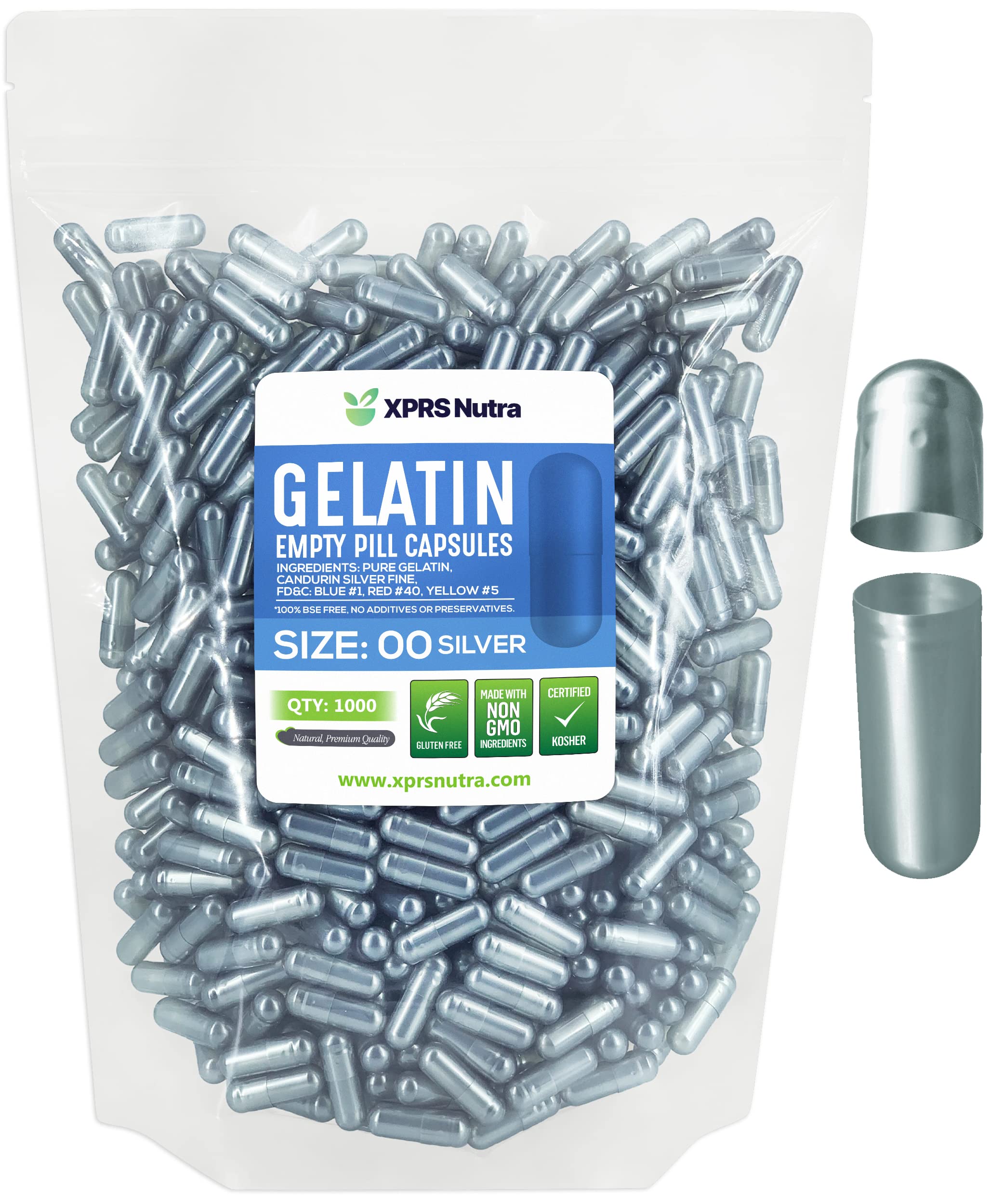 XPRS Nutra Size 00 Empty Capsules - 1000 Count Empty Gelatin Capsules - Pill DIY Capsule Filling - Fillable Pills Gel Caps for DIY Supplements (Silver) 1000 Count (Pack of 1) Silver