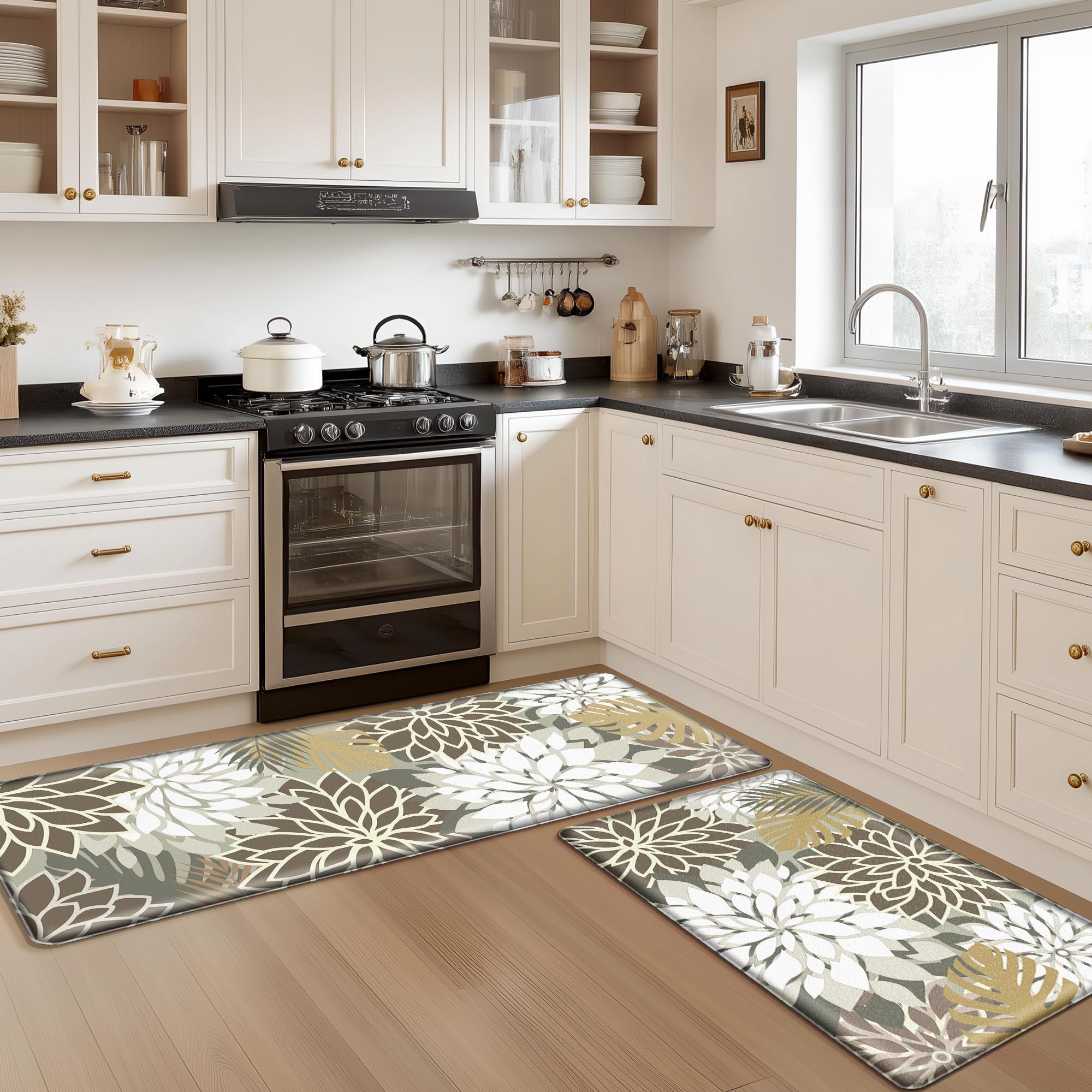 Arenarug Kitchen Mats for Floor 2 Piece Cushioned Anti Fatigue Kitchen Mats Waterproof Non Slip Kitchen Mat Rug Set Comfort Foam Standing Mat for Sink, Laundry, Office, Black White: Brown White 17.3"x30"+17.3"x59"-0.4 inch