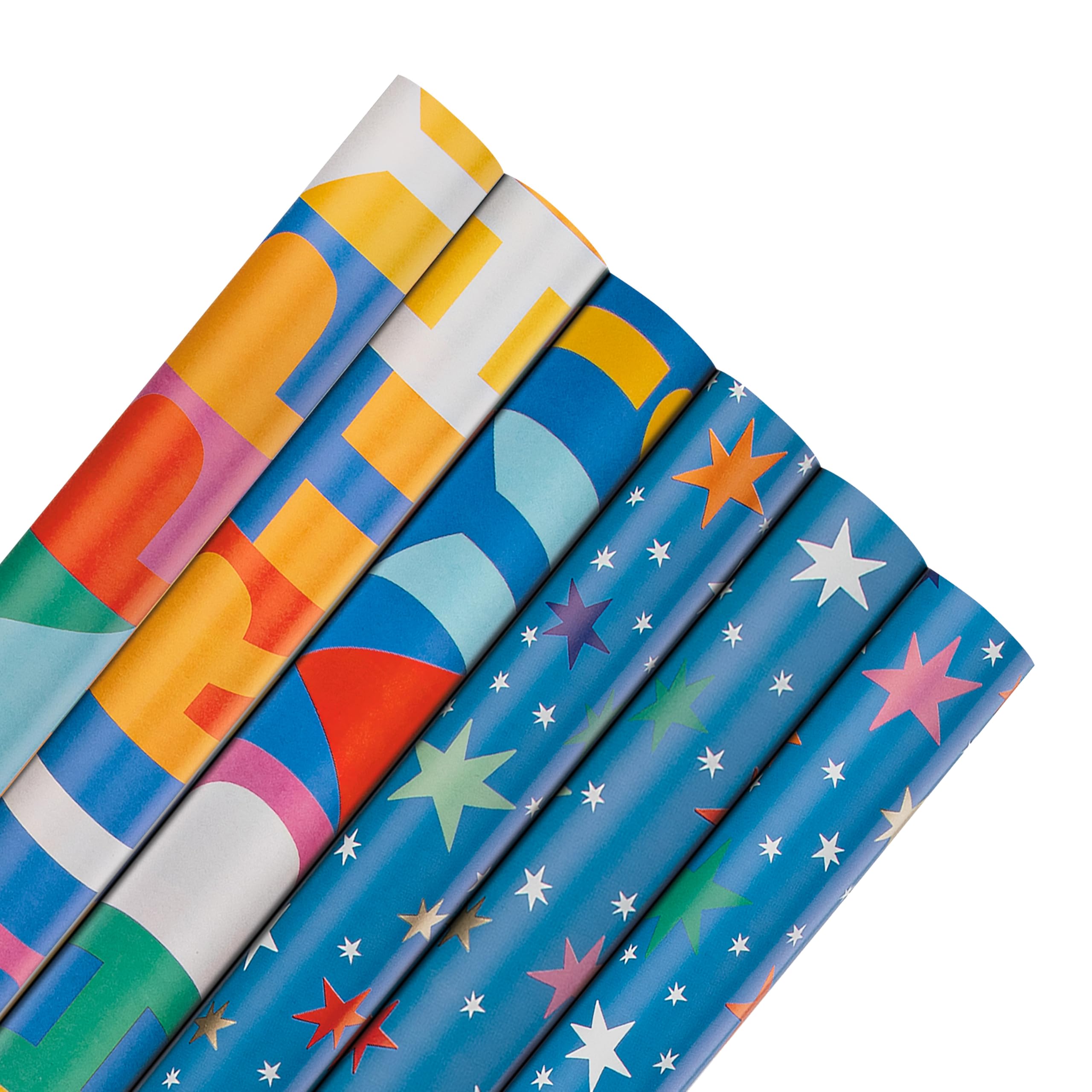 Hallmark 12M Wrapping Paper, Roll Wrap, Pack of 6, 2 Designs, 'Happy Birthday' Text & Stars, 2M Each