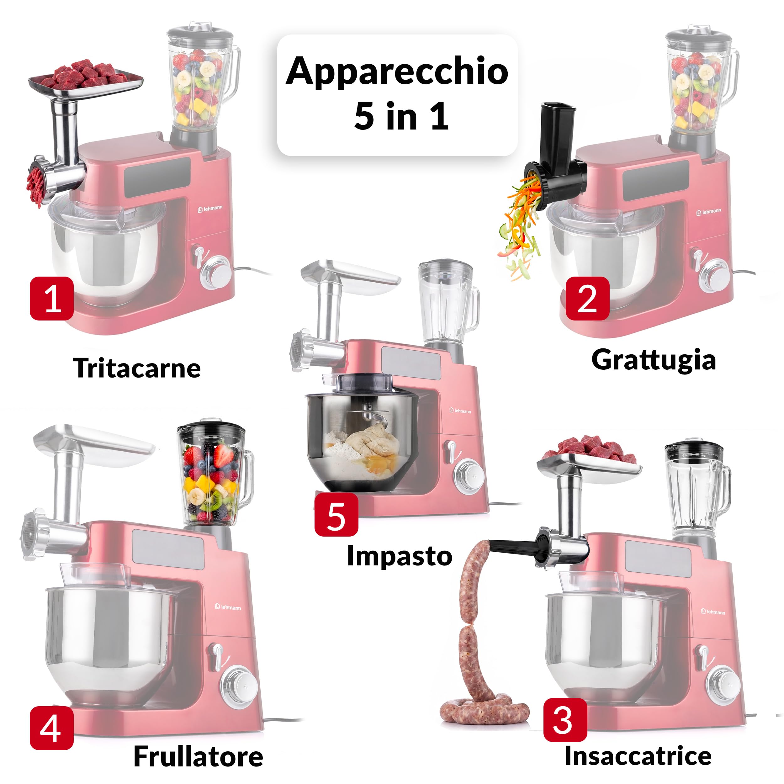 LEHMANN Teyles Impastatrice Planetaria Professionale 2100W 8L con Bilancia Integrata, Touchscreen e Ciotola Riscaldata, Blender 1,5L, Tritacarne, Planetaria per Pane e Pizza, Rosso
