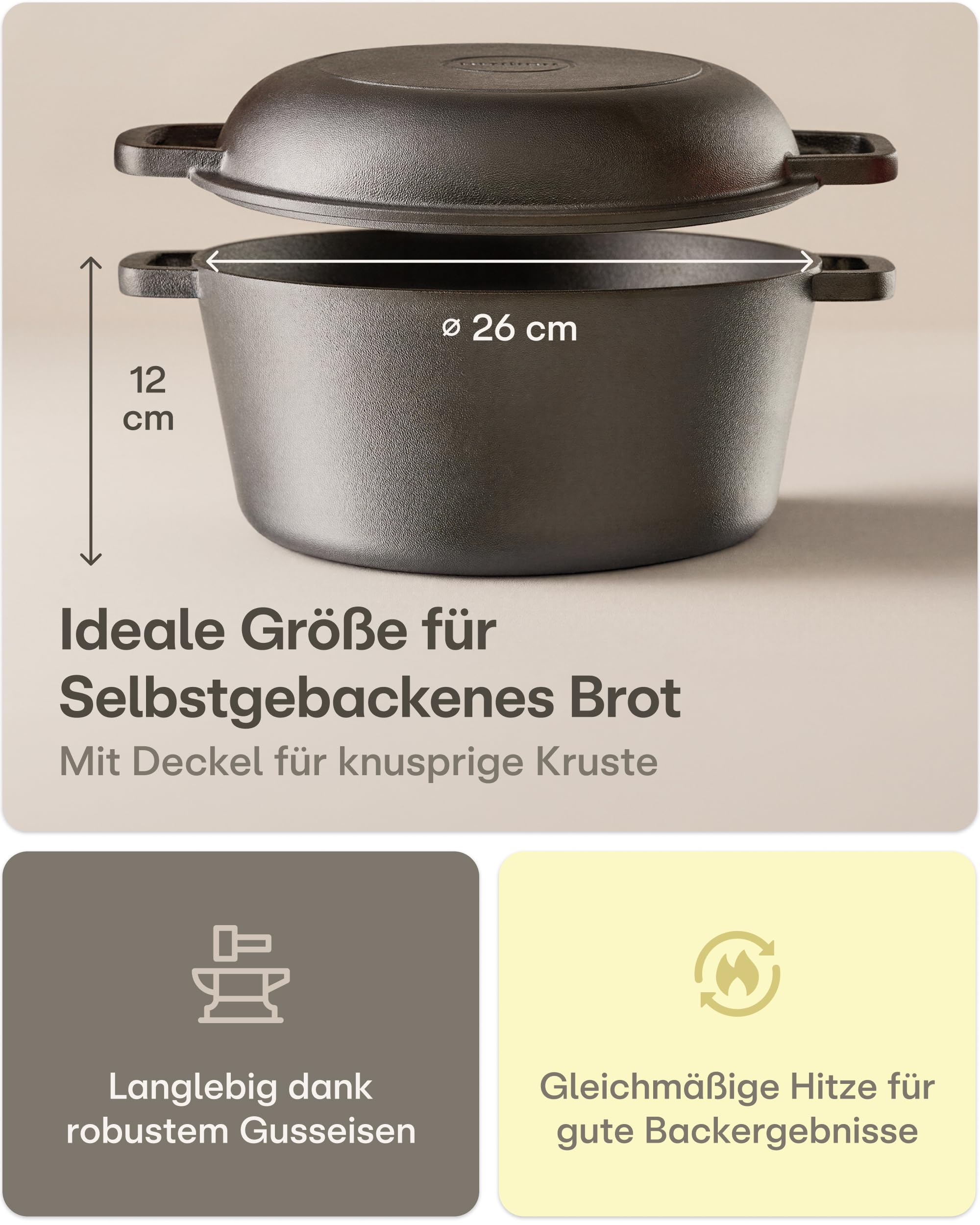 Praknu Gusseisen Topf für Brot Backen Set (26 cm Brottopf) – Inkl. Gärkorb, Brotbeutel & Brotbacktopf – Bräter mit Deckel –Brotbackform – Brot Backen Zubehör- Rund 4,7 L