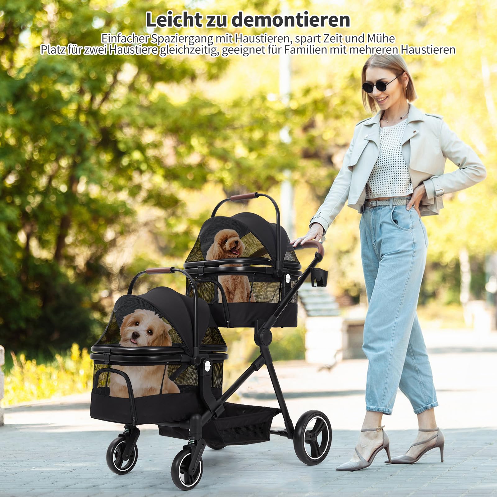 Carrito doble para mascotas 2 en 1, 3 en 1, con bolsa de transporte y asiento de coche, cochecito plegable para mascotas con capacidad de 50 LBS y amortiguador de golpes para perros y gatos
