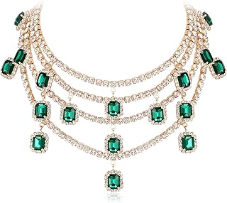 Flyonce Vintage Rhinestone Layered Chunky Collar Necklace, Glitter Crystal Costume Statement Bib Choker Necklace for Women