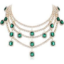 Flyonce Vintage Rhinestone Layered Chunky Collar Necklace, Glitter Crystal Costume Statement Bib Choker Necklace for Women