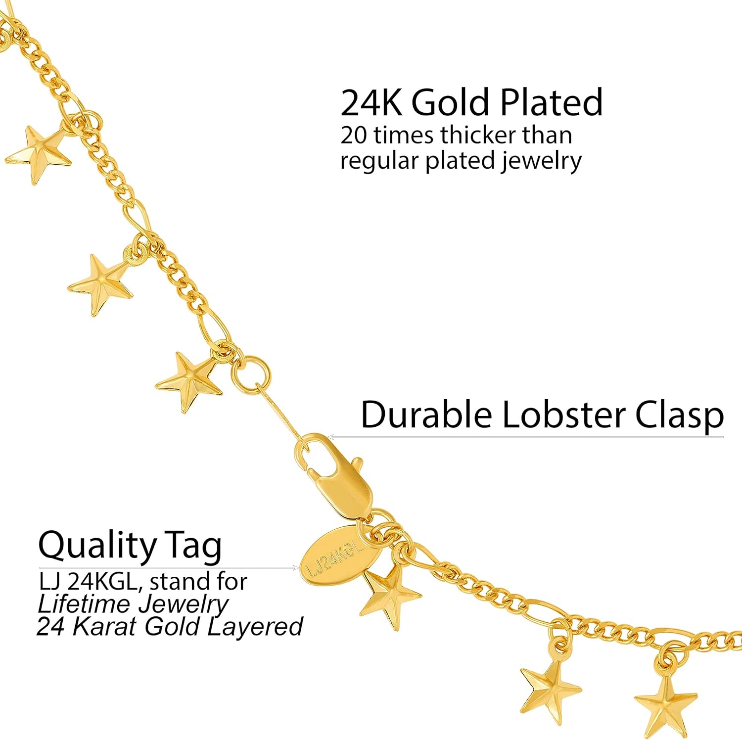 LIFETIME JEWELRY Womens Gold Anklet with Dangling Stars for Women 24K Gold Plated Ankle Bracelet - Image 4