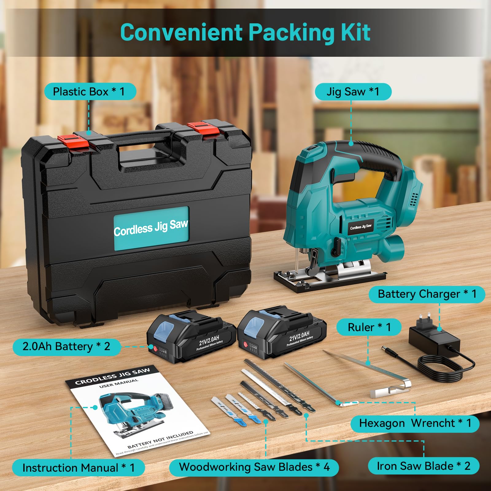 Yofuly Seghetto Alternativo a Batteria Compatibile con Batterie Makita 18V, Seghetto Elettrico con 2 * 2,0 Ah Batterie, Velocità Variabile, Angolo di Taglio Obliquo (0°-45°) Cambio Lama Senza Attrezzi