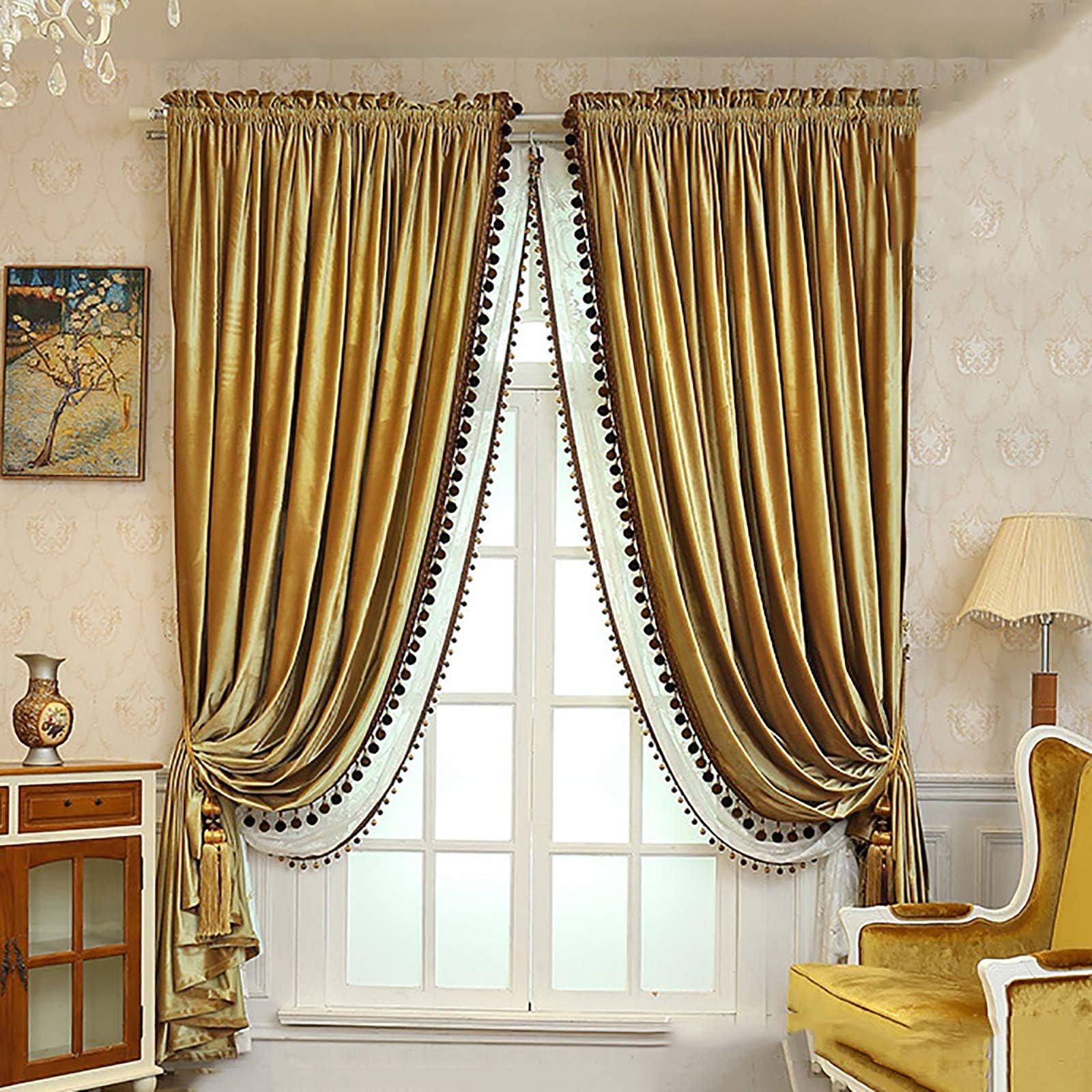 Vintage Pom Pom Velvet Blackout Curtains Thermal Insulated Tassel Drapes for Bedroom and Living Room Decor Wine Red 150x270cm (59x106 inch)