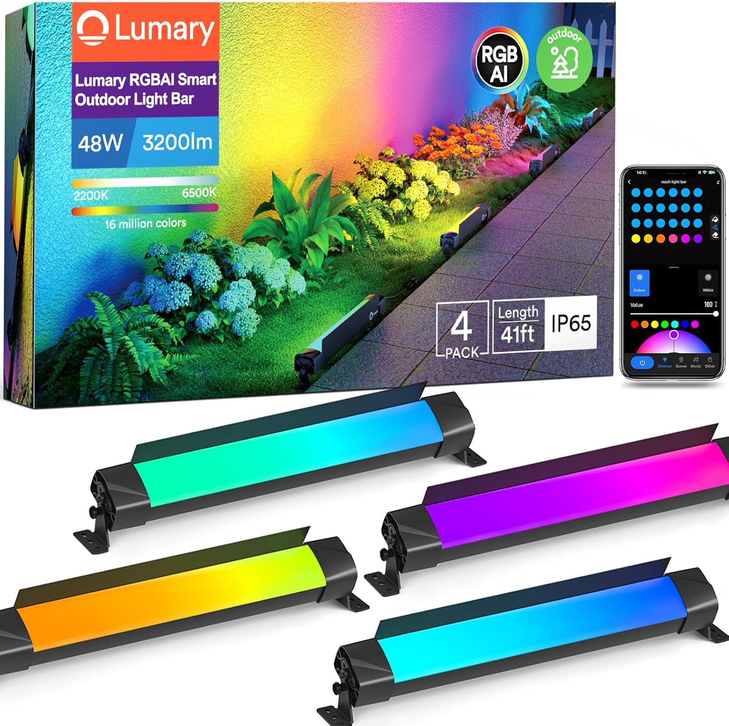Lumary Smart Outdoor Led Light Bar, RGBWW Color Changing Wall Washer Lights, IP65 Backyard Ambient Floodlights Landscape Lighting for Room Gaming Garden Party Events, APP&Voice Control, 4 Pack Lumary Smart Outdoor Led Light Bar, RGBWW Color Changing Wall Washer Lights, IP65 Backyard Ambient Floodlights Landscape Lighting for Room Gaming Garden Party Events, APP&Voice Control, 4 Pack