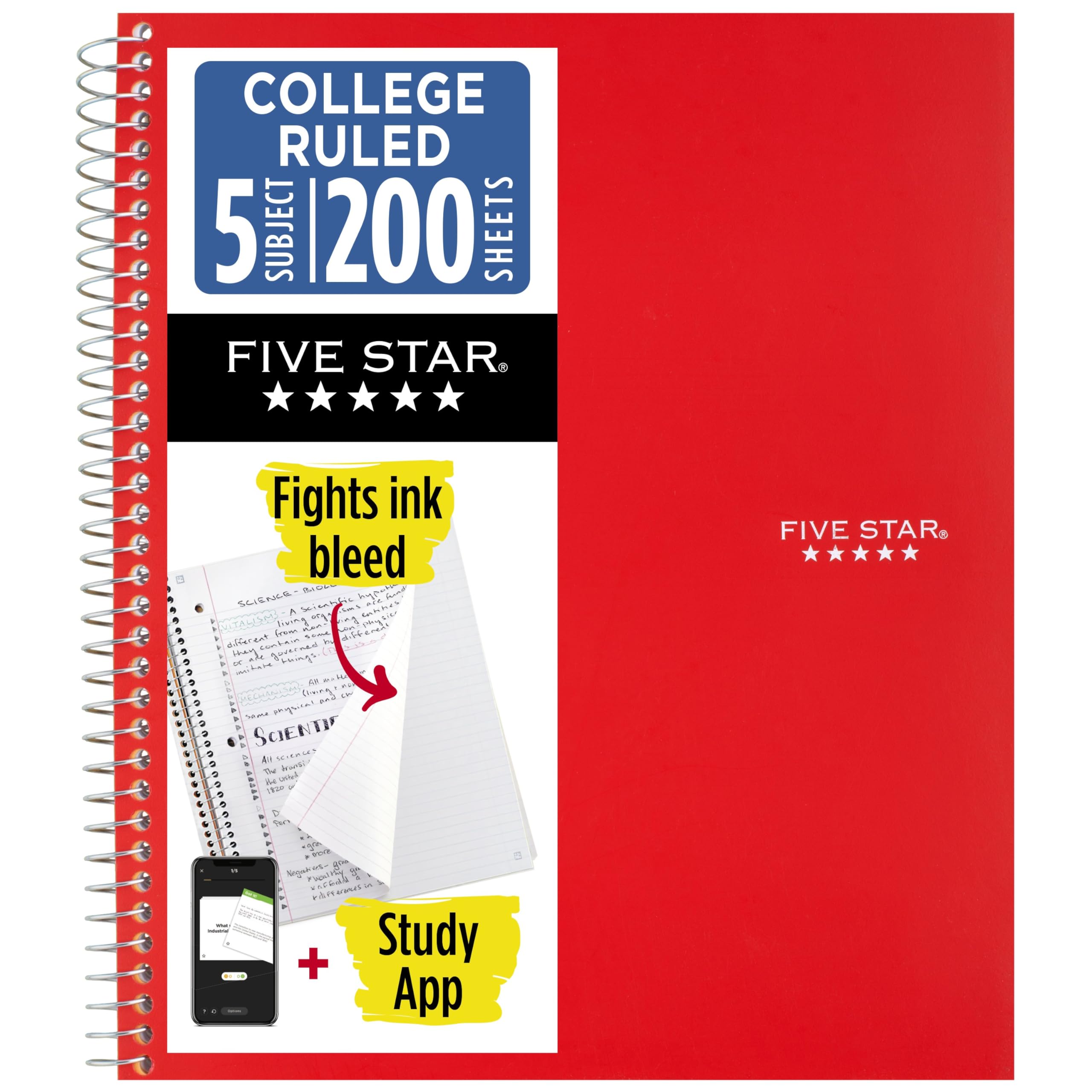 Five Star Spiral Notebook + Study App, 5 Subject, College Ruled Paper, 8-1/2" x 11", 200 Sheets, Fights Ink Bleed, Water Resistant Cover, Fire Red (