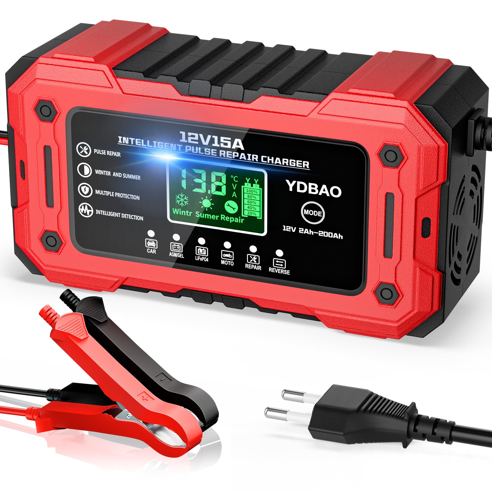 YDBAO Autobatterie Ladegerät 15A 12V Batterieladegerät LCD Display Temperaturkompensation Rekonditionierungsmodus Intelligentes Ladegerät Autobatterie für 12V Blei Säure AGM Gel LiFePO4 Batterien usw