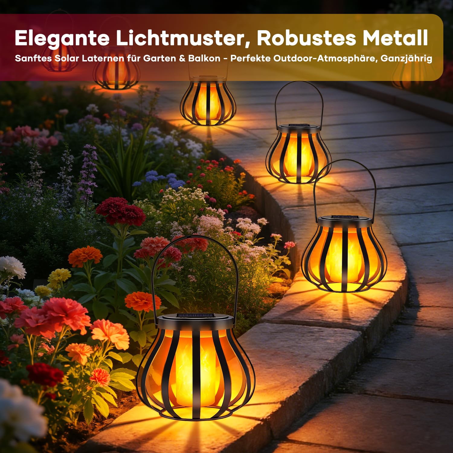 2 lanterne solari con effetto fiamma reale per esterni, IP65, impermeabili, per giardino, balcone, terrazza e cortile con sensore crepuscolare automatico, decorazione da giardino, Senza gancio e base