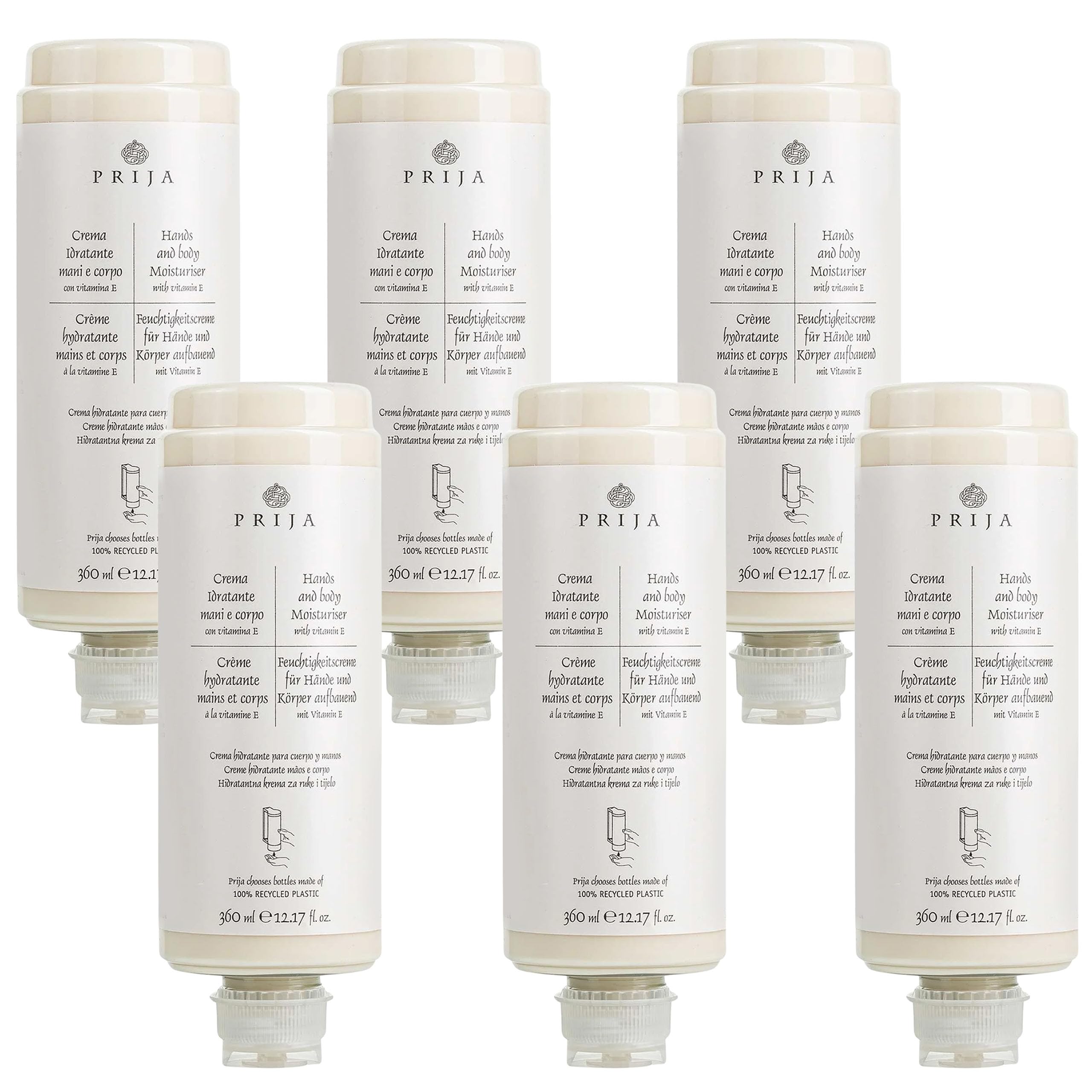 PRIJA 2 en 1 Crema Hidratante de Manos Loción Corporal con Vitamina E, Cartucho Dispensador de 360 ml (Blanco, 6 x 360 ml)