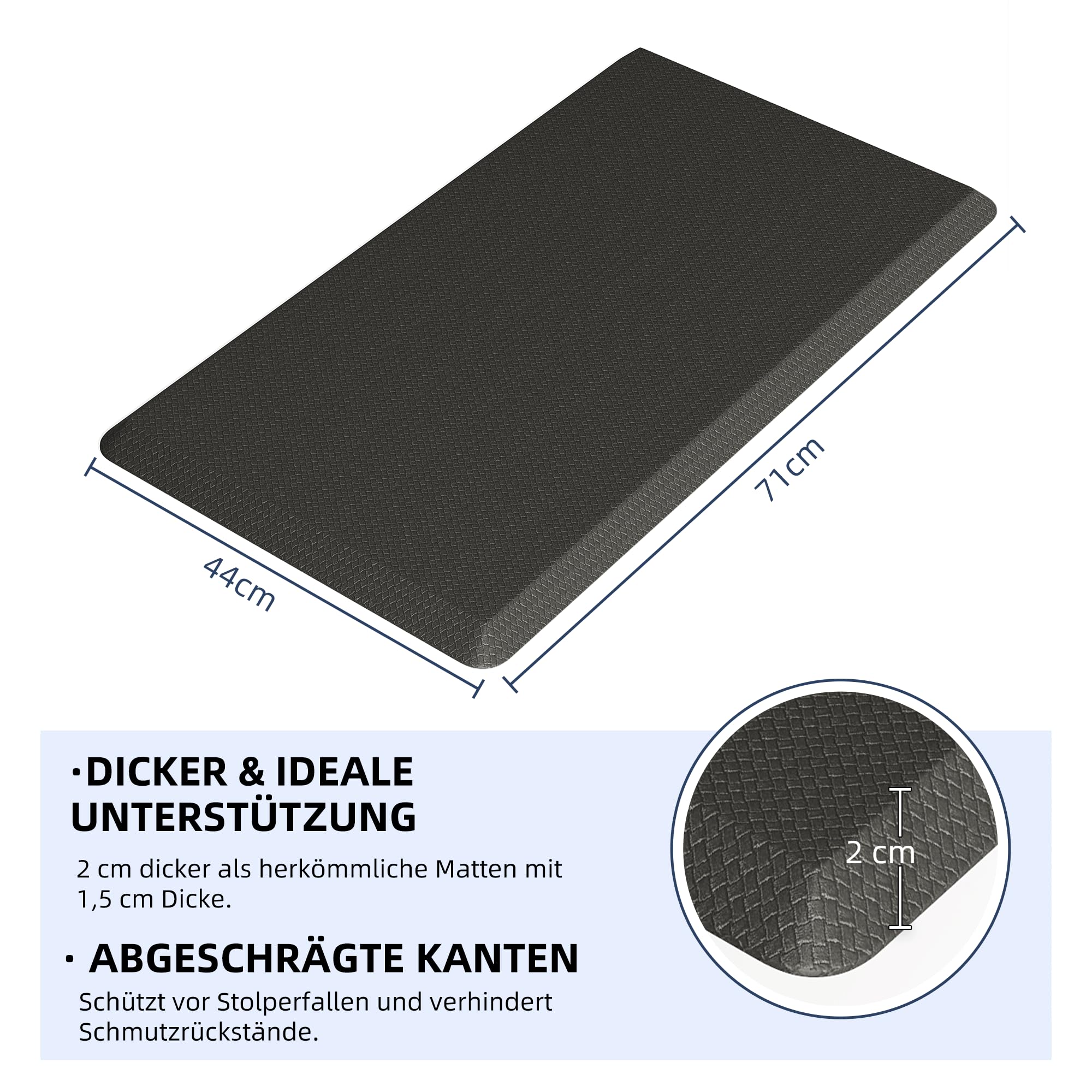 MUTUN rutschfest Küchenteppich, Anti-Ermüdungsmatte für Steharbeitsplätze, 20MM Dicke Schaumstoffmatte, PVC Teppich Leicht Zu Reinigen für Küche, Wäscherei, im Freien (Schwarz,44x71cm)