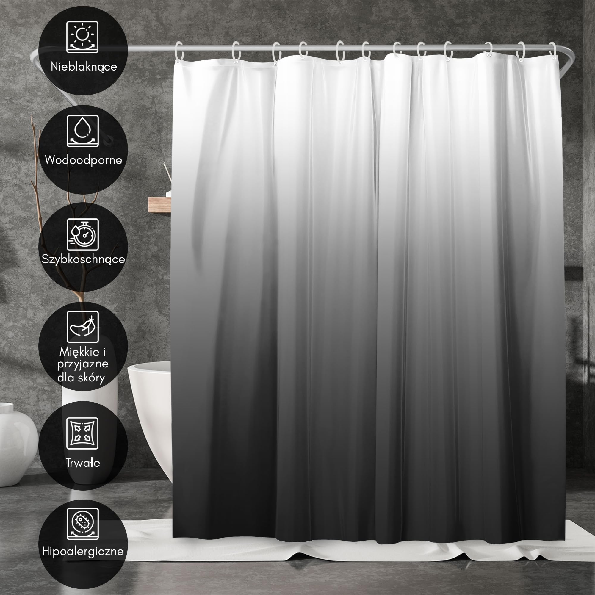 Americanflat zasłona prysznicowa 180 x 200 cm – wodoodporna zasłona łazienkowa, 100% poliester, z metalowymi przelotkami i 12 plastikowymi haczykami – w kolorze szary ombre