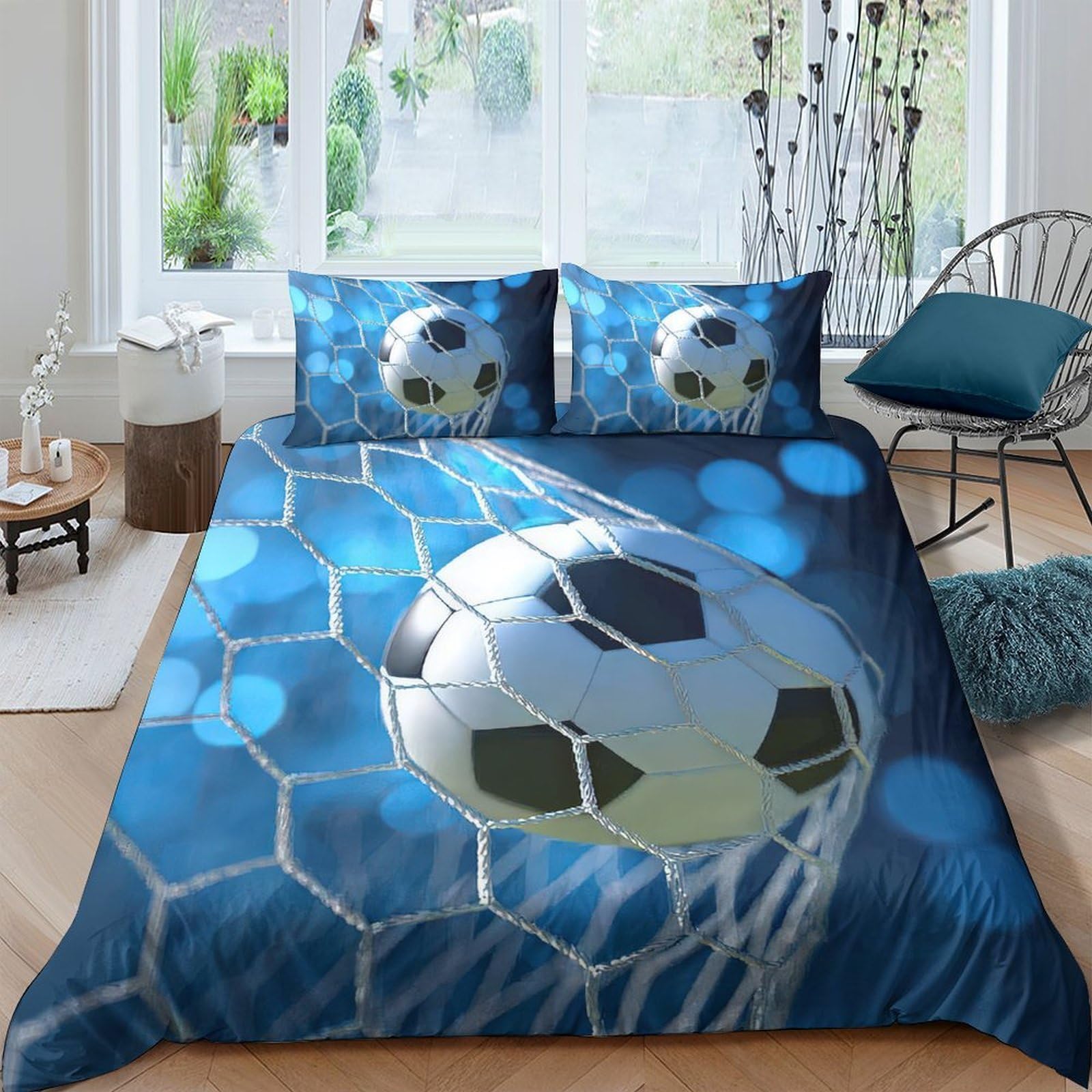 Ctjqhvkz Style-3 3D Printed Football Goal Fitted Sheet Microfiber Soft Blue Soccer Net Bed Cover For Bedroom Dorm Mattress Decor Single（135X200cm）