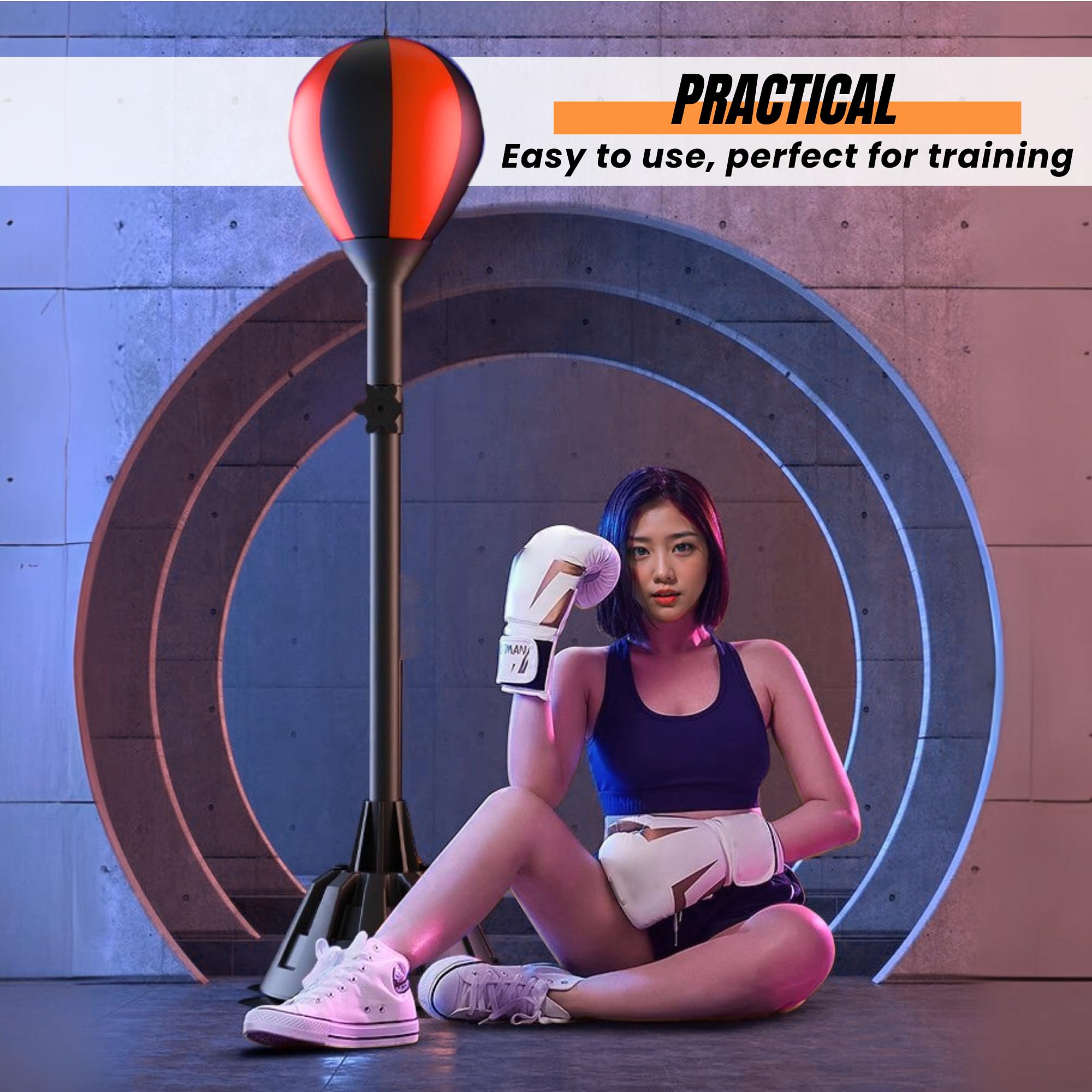 Bola de Boxeo con Soporte Ajustable, Saco de Boxeo Vertical, Base Fija, Incluye Guantes, Inflador y Destornillador. Pelota de PU de Alto Rebote. Entrenamiento en Casa Ideal para Niños y Adultos.
