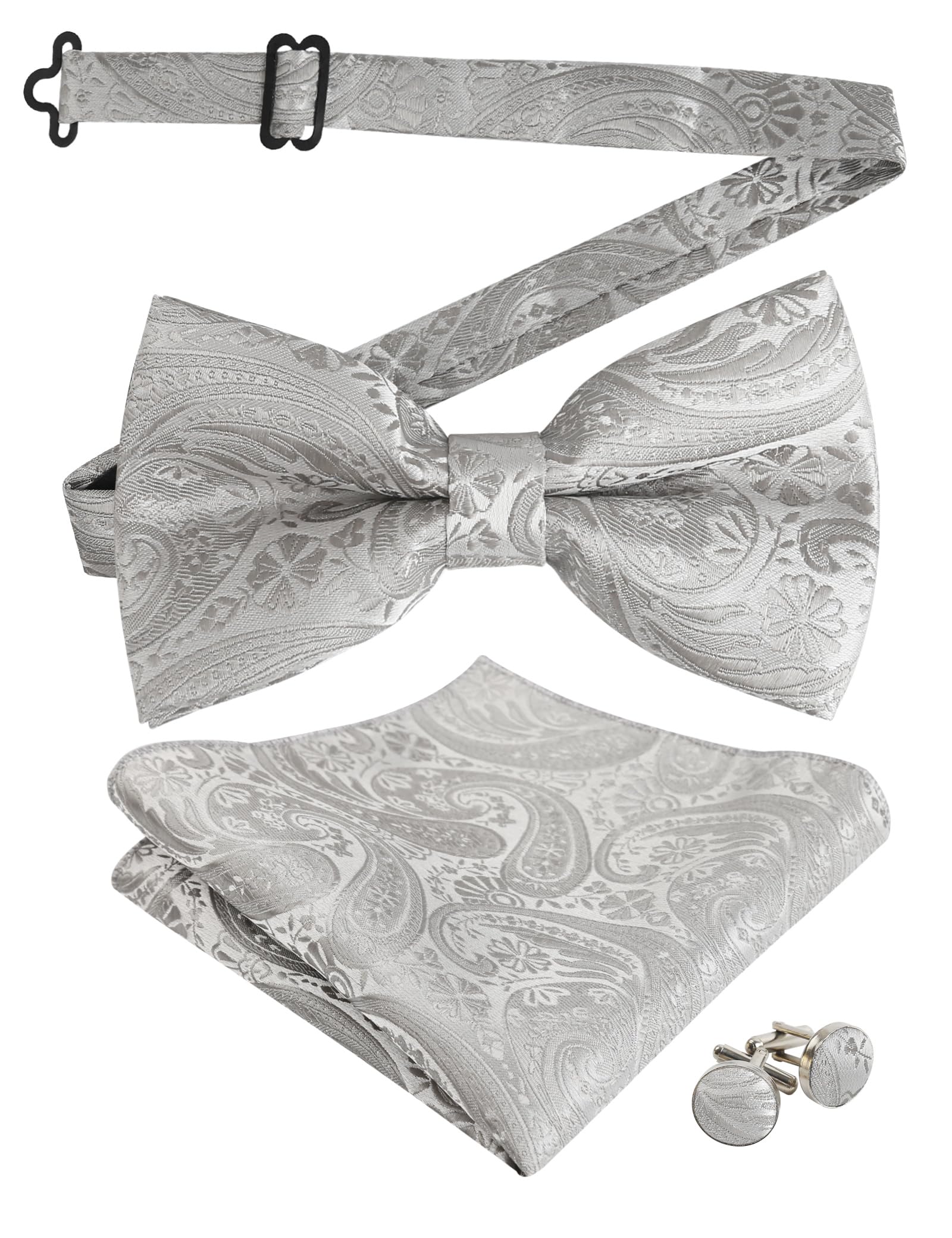Men's Paisley Bow Tie, Hanky and Cufflinks Set (Silver)(Size: One Size)
