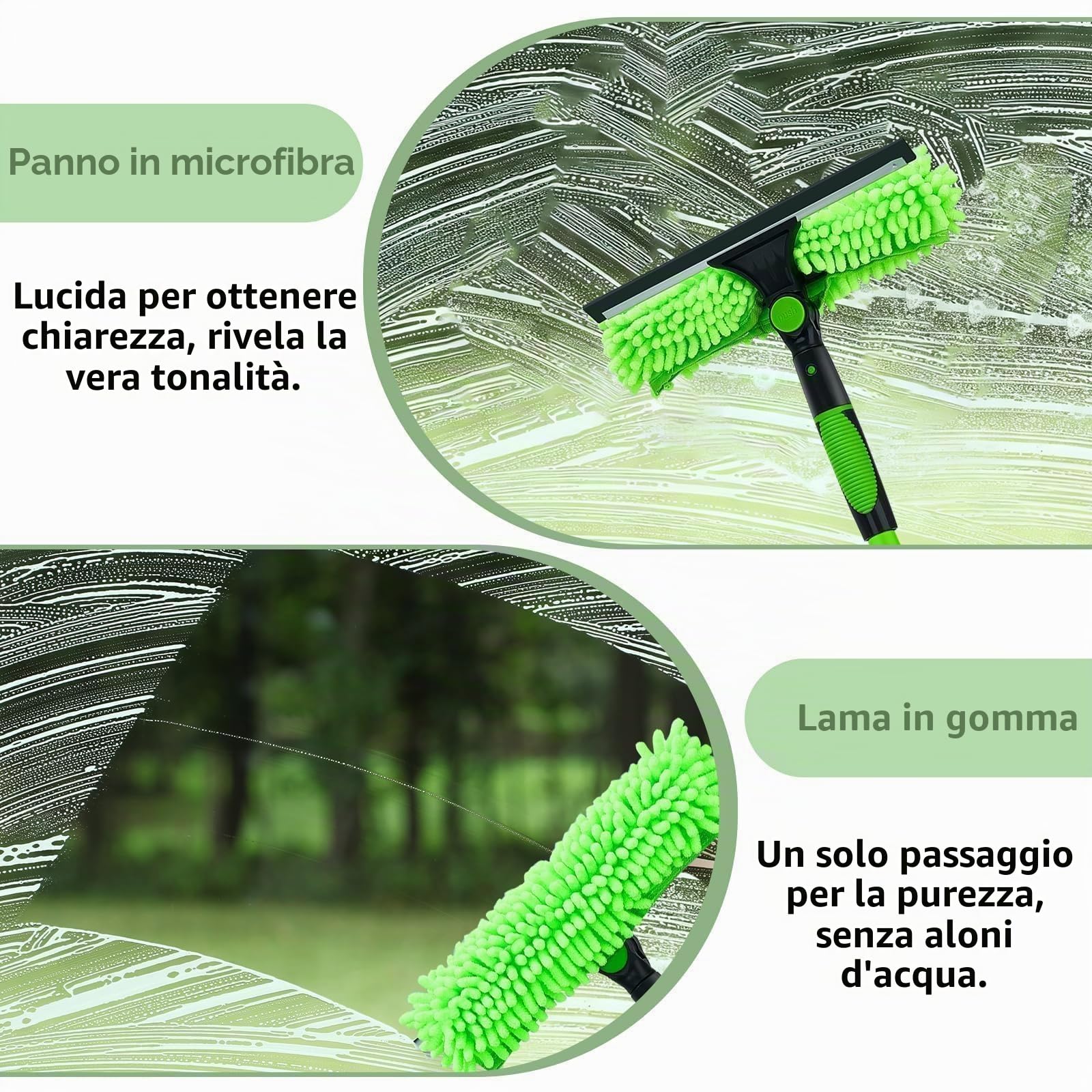 4,3 m t Lavavetri Telescopico, 2 in 1 Pulitore Vetri Finestre Lava con Tergivetro con 2 panni in microfibra Pulisci Vetri,Testa a 180° Lavavetri per Specchi Auto Vetro Finestra Alta