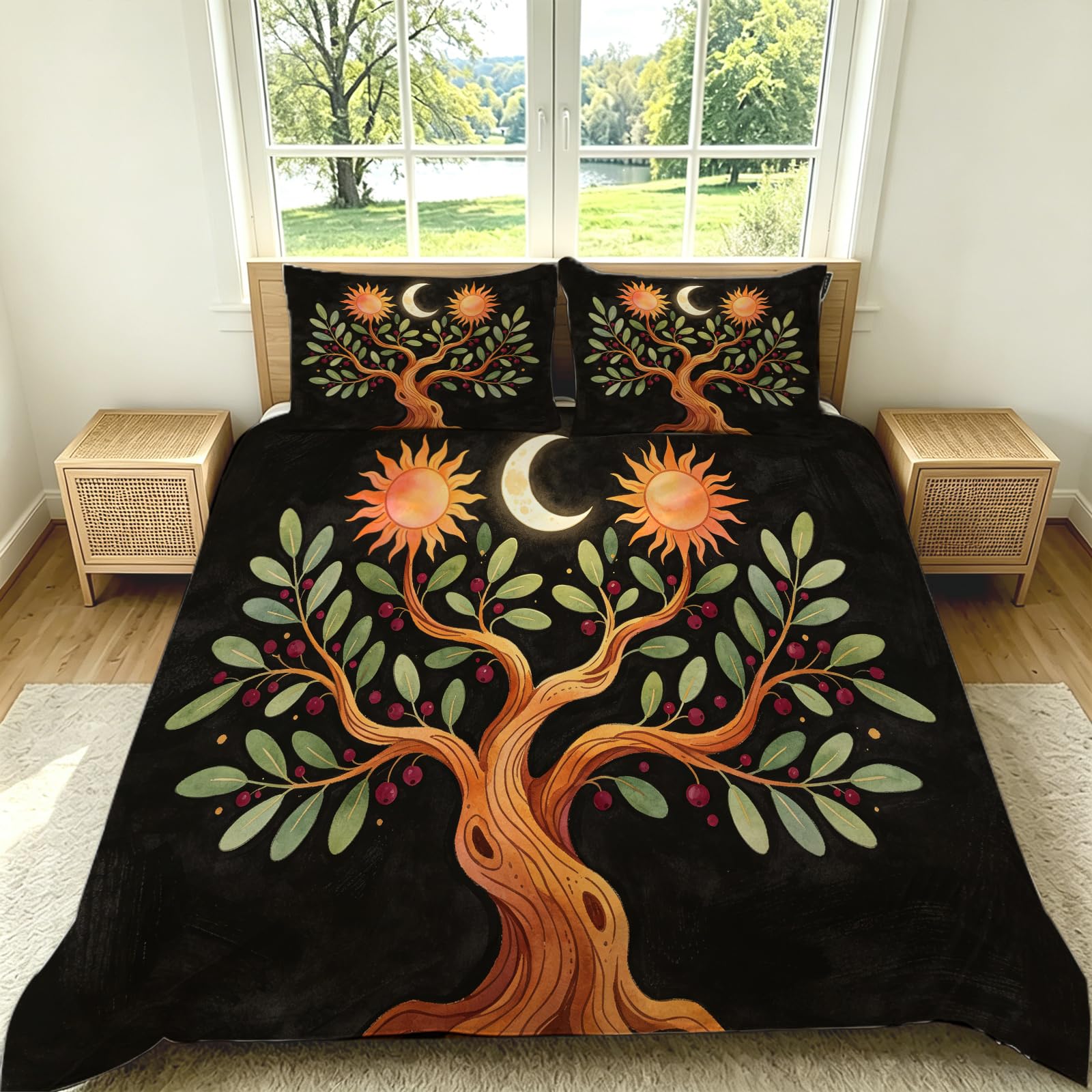 Set Copripiumino Singolo 135x200 cm Motivo Albero Della Vita Set di Biancheria da Letto in Morbido Traspirante Microfibra 3D con Copripiumino e 2 Federe 50x80 cm Nero G-2221