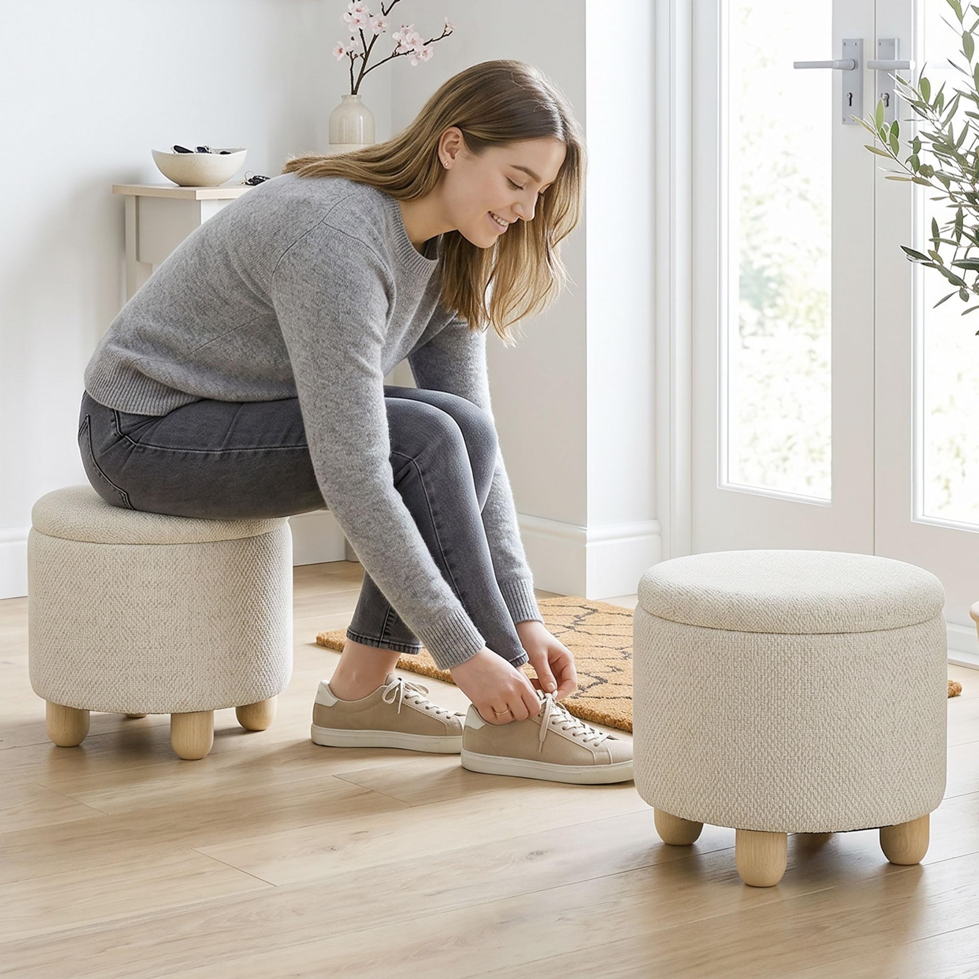 HOMCOM Pouf Contenitore Rotondo 19L con Coperchio 38.5x38.5x33.5 cm Beige | Tessuto Effetto Iuta, Sgabello Contenitore, Capacità 120kg, Camera da Letto, Soggiorno, Ingresso