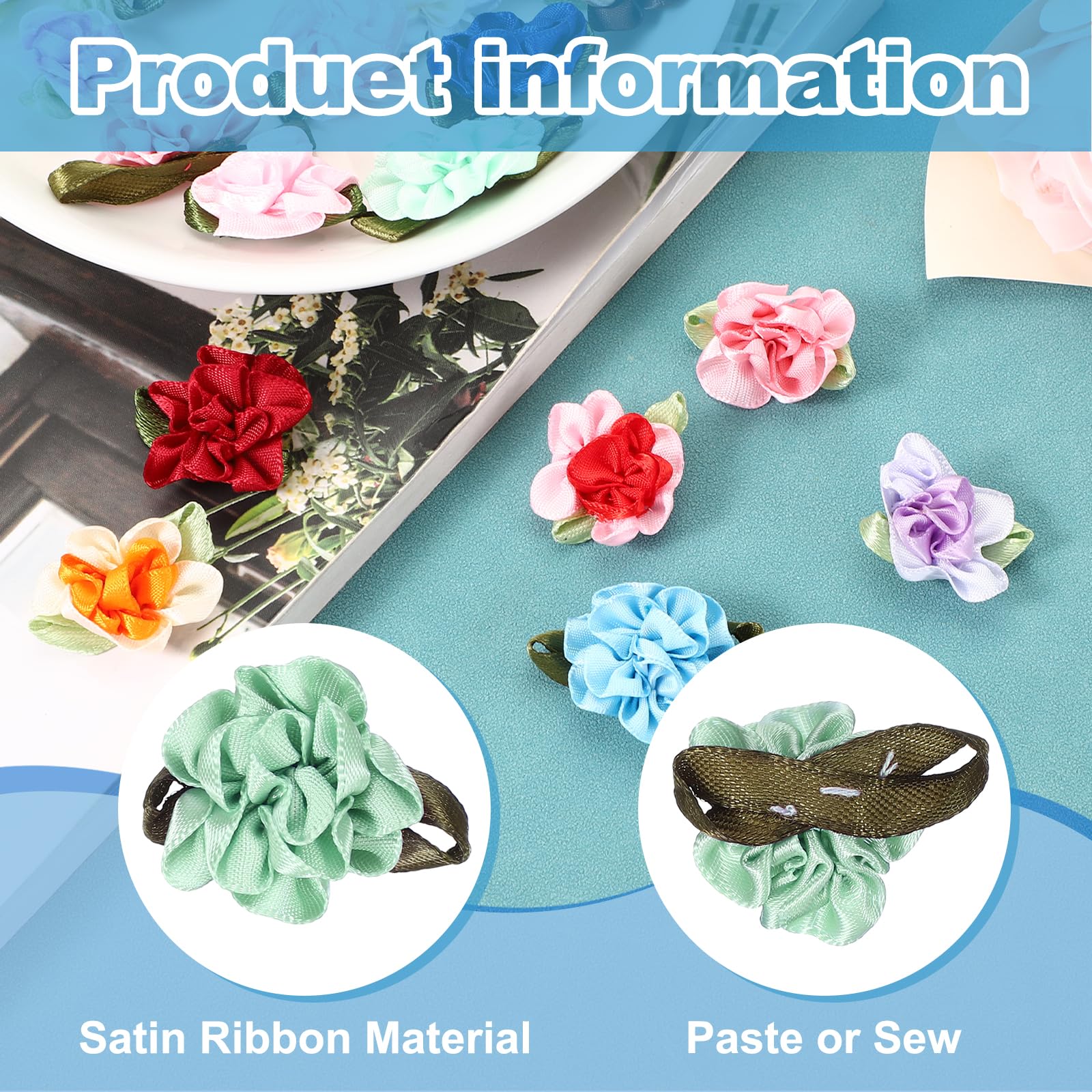 PATIKIL 1 Inch Ribbon Flowers Bows for Crafts 20 Pack Mini Satin Roses Flowers Small Fabric Flower Heads DIY Sewing Appliques for Gift Wedding Bride Ornament Lake Blue - Image 3