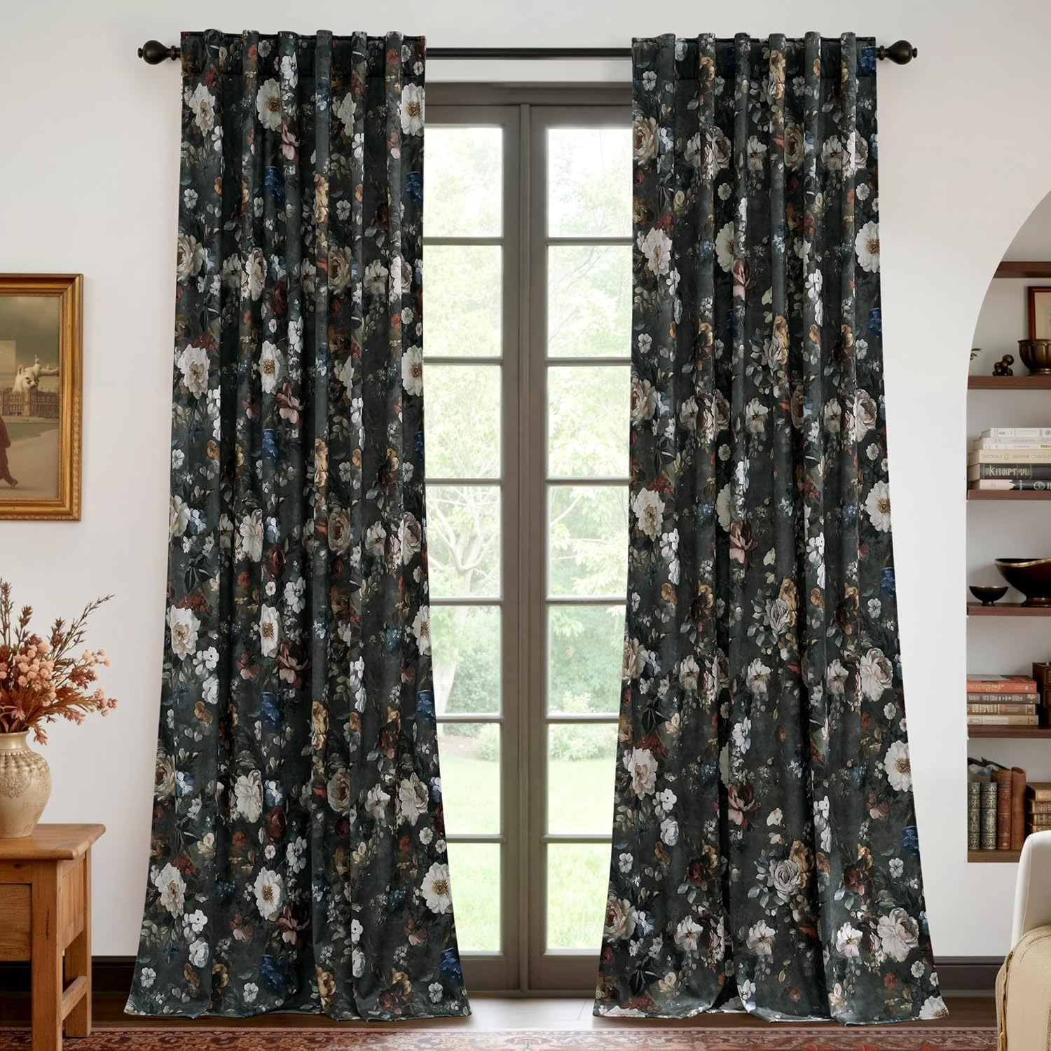 RYB HOME Green Velvet Curtains 102 inches Long, Printed Floral Vintage Design Home Decoration Super Soft Privacy Protect Drapes for Bedroom Living Room, W50 x L102 inches, 2 Panels
